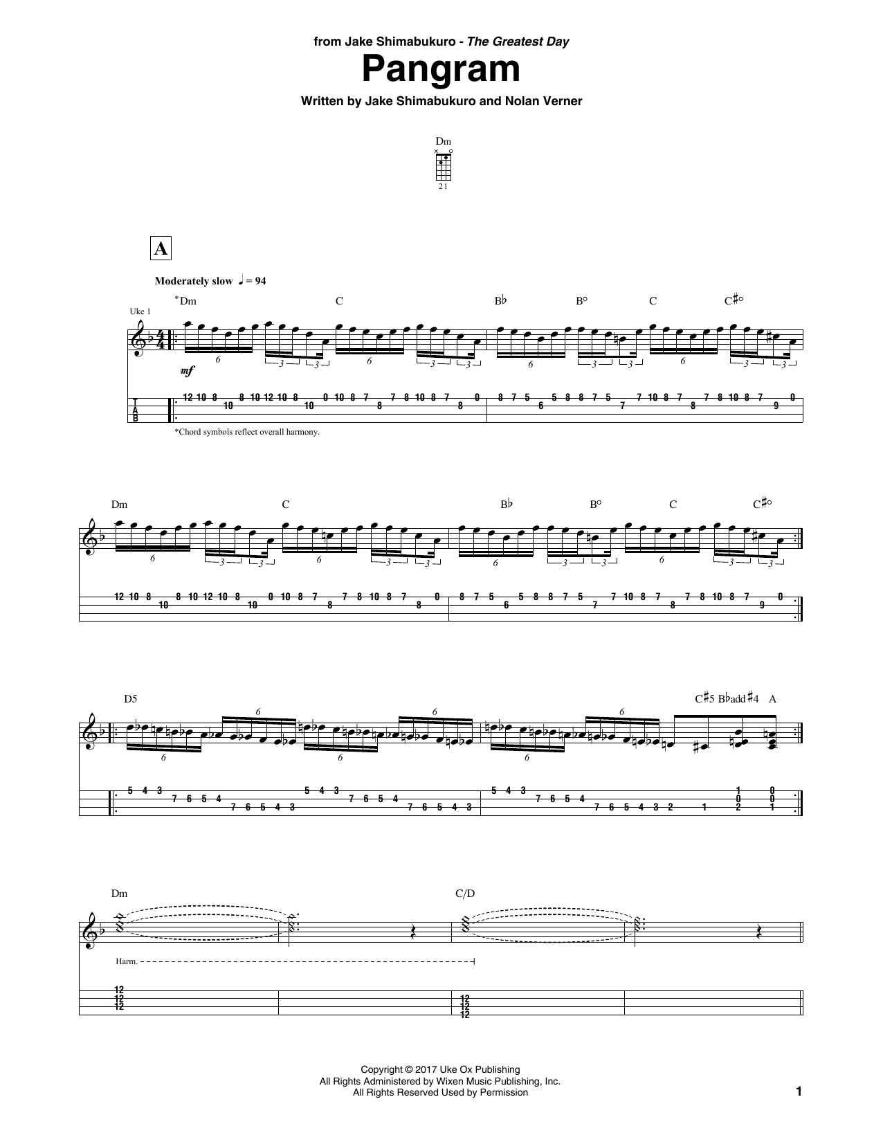 Jake Shimabukuro Pangram sheet music notes and chords arranged for Ukulele Tab