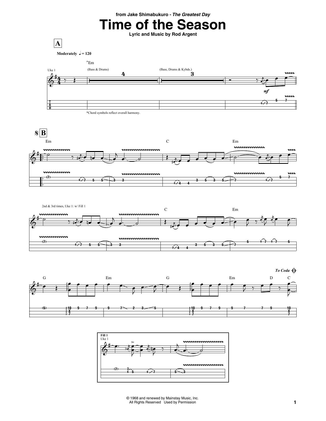 Jake Shimabukuro Time Of The Season sheet music notes and chords arranged for Ukulele Tab