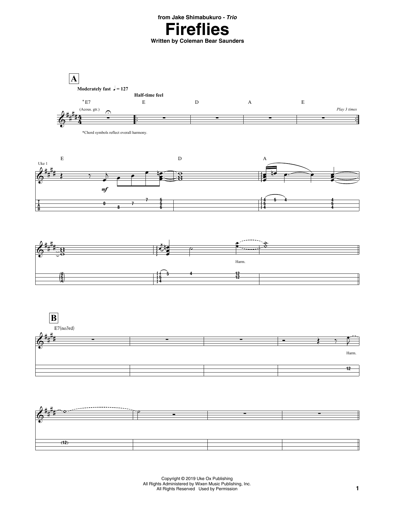 Jake Shimabukuro Trio Fireflies sheet music notes and chords arranged for Ukulele Tab