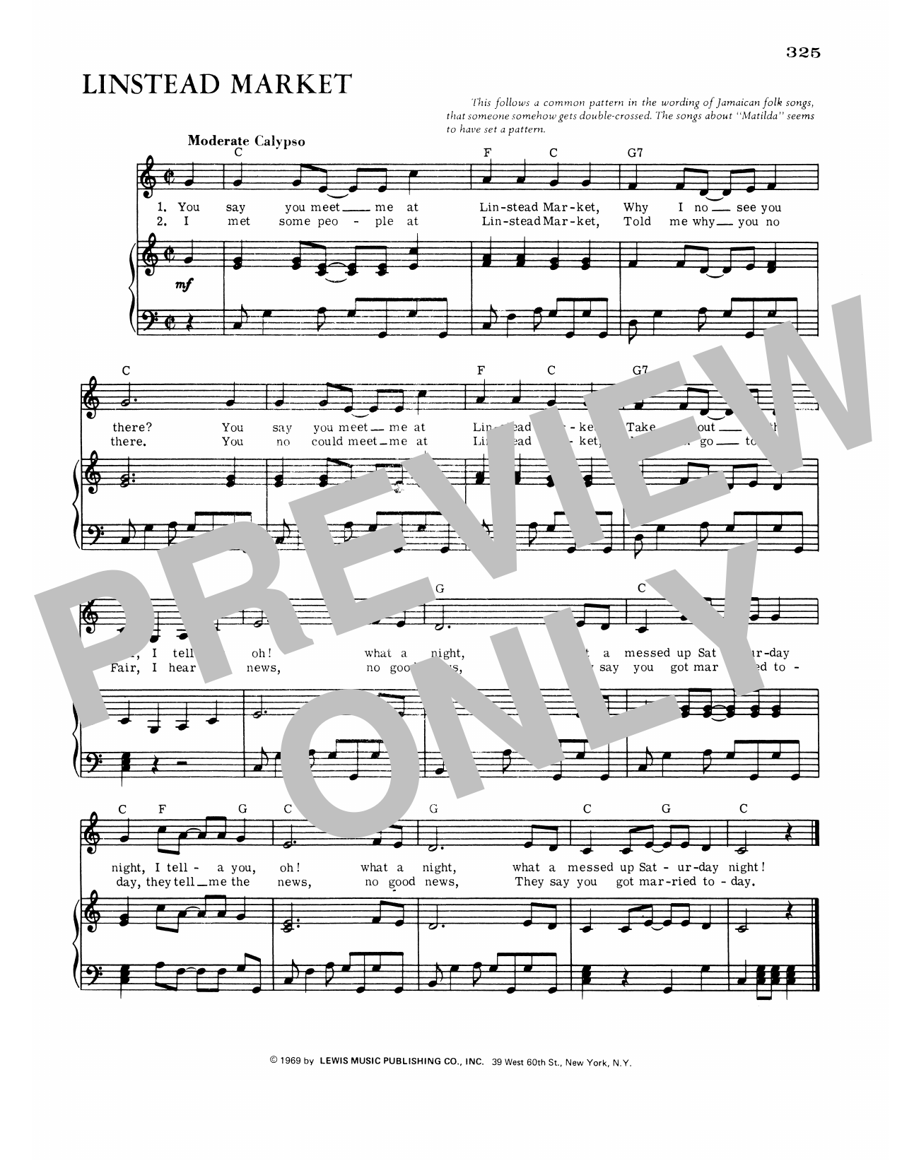 Jamaican Folk Song Linstead Market sheet music notes and chords arranged for Piano, Vocal & Guitar Chords (Right-Hand Melody)