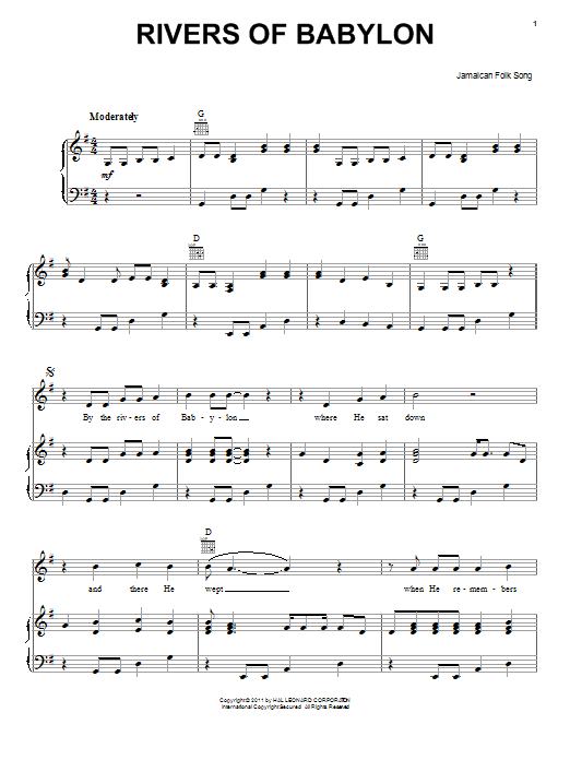 Jamaican Folk Song Rivers Of Babylon sheet music notes and chords arranged for Piano, Vocal & Guitar Chords (Right-Hand Melody)