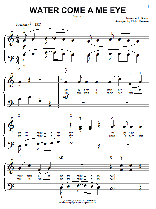 Jamaican Folksong Water Come A Me Eye (arr. Phillip Keveren) sheet music notes and chords arranged for Big Note Piano