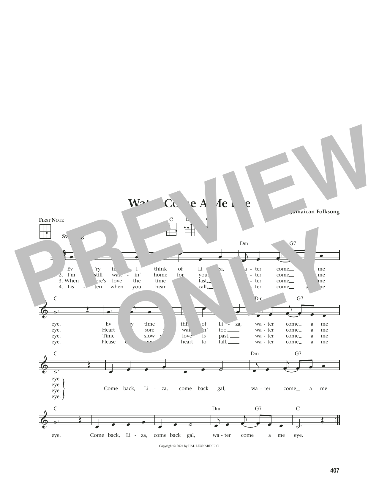 Jamaican Folksong Water Come A Me Eye (from The Daily Ukulele) (arr. Jim Beloff) sheet music notes and chords arranged for Ukulele