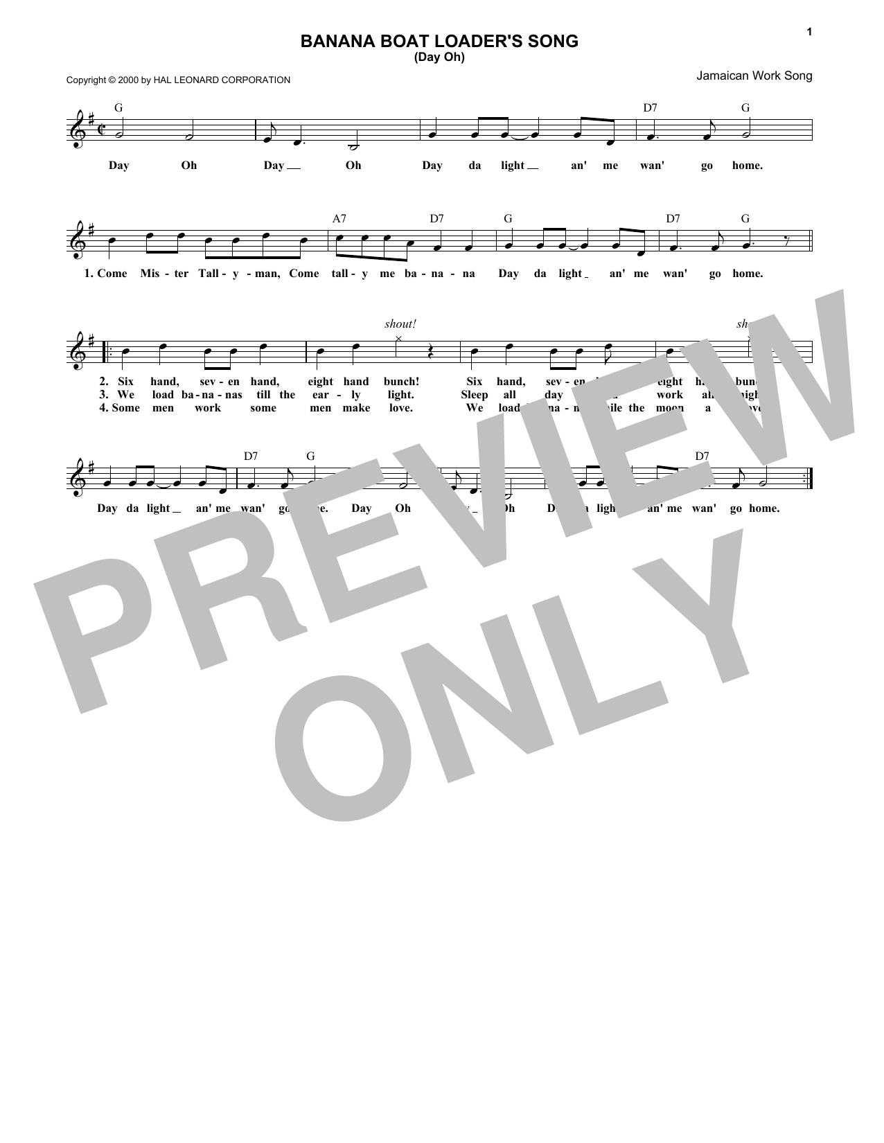Jamaican Work Song The Banana Boat Song sheet music notes and chords arranged for Lead Sheet / Fake Book