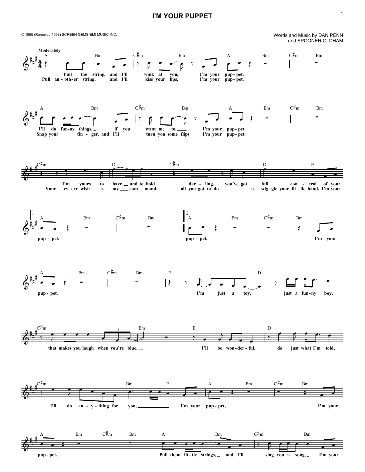 James & Bobby Purify I'm Your Puppet sheet music notes and chords arranged for Piano, Vocal & Guitar Chords (Right-Hand Melody)