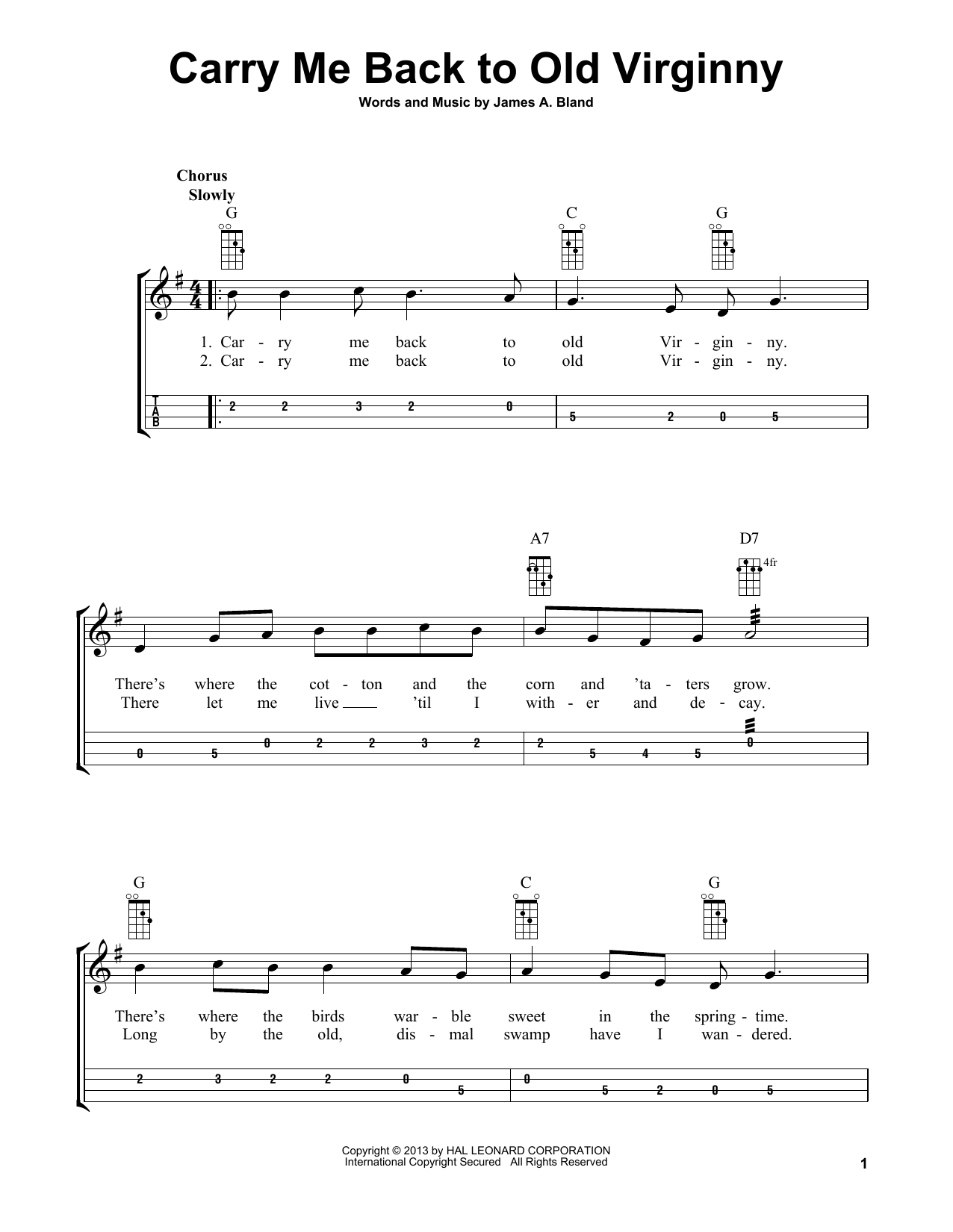 James A. Bland Carry Me Back To Old Virginny (arr. Bobby Westfall) sheet music notes and chords arranged for Mandolin