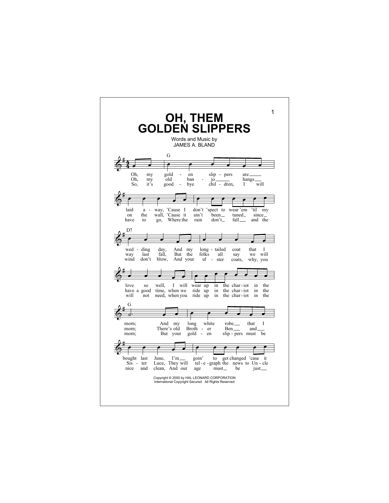 James A. Bland Oh, Them Golden Slippers sheet music notes and chords arranged for Piano, Vocal & Guitar Chords (Right-Hand Melody)