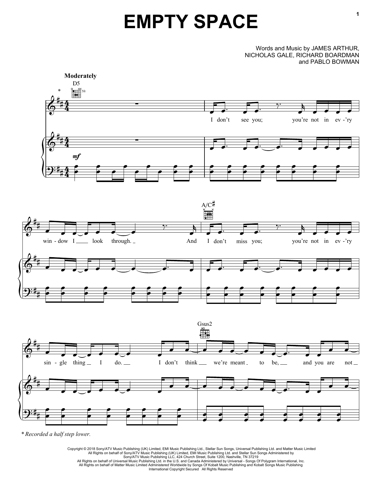 James Arthur Empty Space sheet music notes and chords arranged for Piano, Vocal & Guitar Chords (Right-Hand Melody)