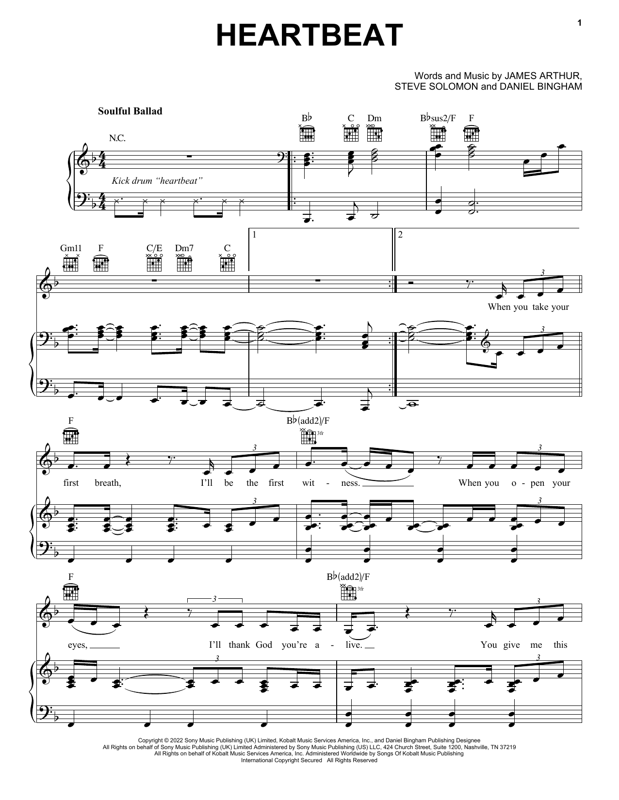 James Arthur Heartbeat sheet music notes and chords arranged for Piano, Vocal & Guitar Chords (Right-Hand Melody)