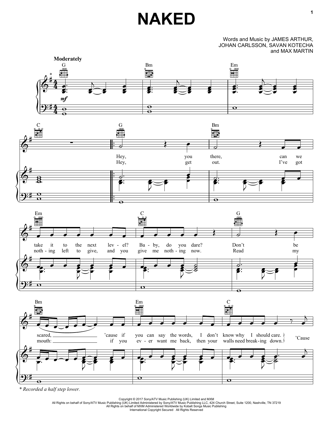 James Arthur Naked sheet music notes and chords arranged for Piano, Vocal & Guitar Chords (Right-Hand Melody)