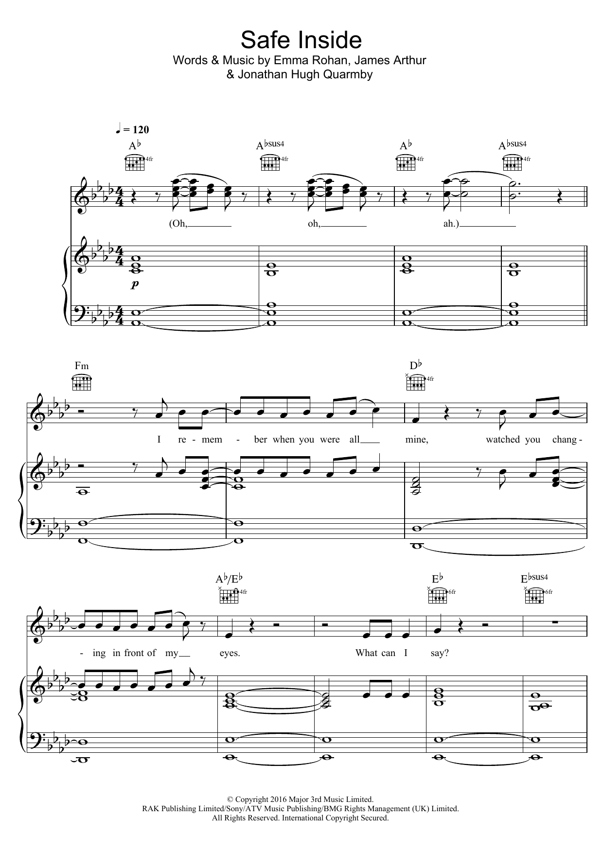 James Arthur Safe Inside sheet music notes and chords arranged for Piano, Vocal & Guitar Chords