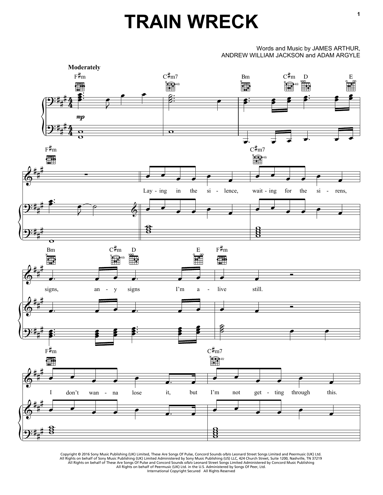 James Arthur Train Wreck sheet music notes and chords arranged for Piano, Vocal & Guitar Chords (Right-Hand Melody)