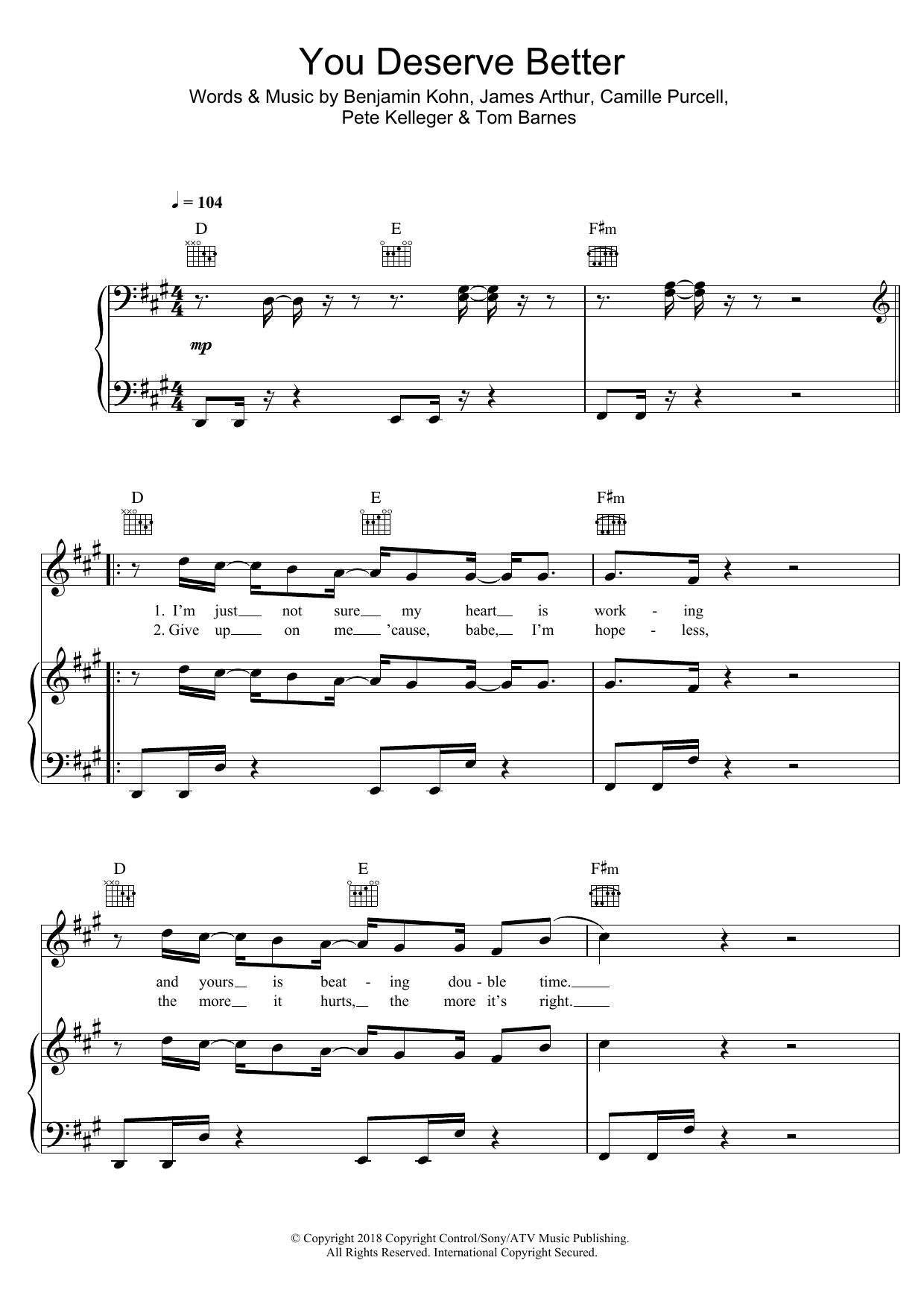 James Arthur You Deserve Better sheet music notes and chords arranged for Piano, Vocal & Guitar Chords