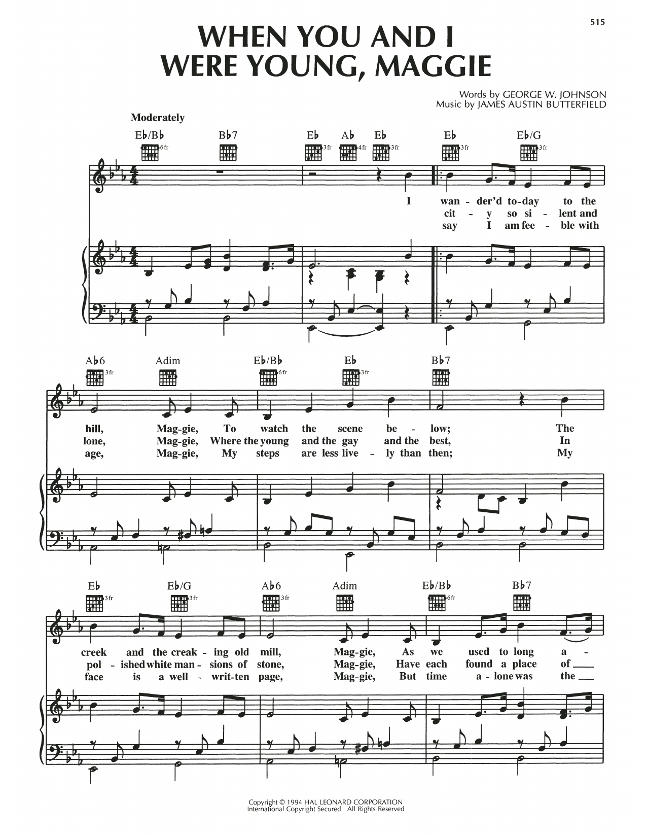 James Austin Butterfield When You And I Were Young, Maggie sheet music notes and chords arranged for Piano, Vocal & Guitar Chords (Right-Hand Melody)
