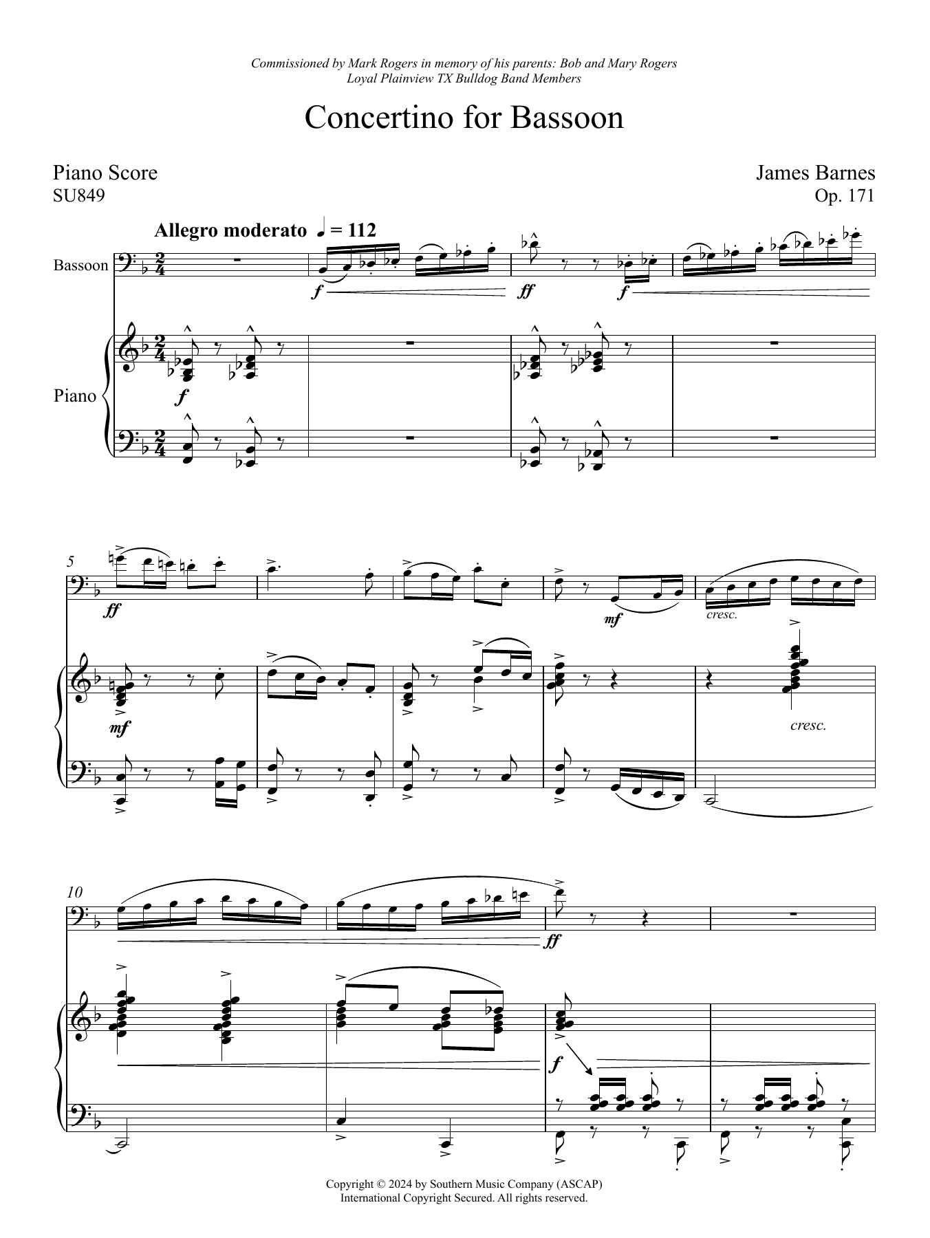 James Barnes Concertino for Bassoon (Solo / Piano Reduction) sheet music notes and chords arranged for Woodwind Solo
