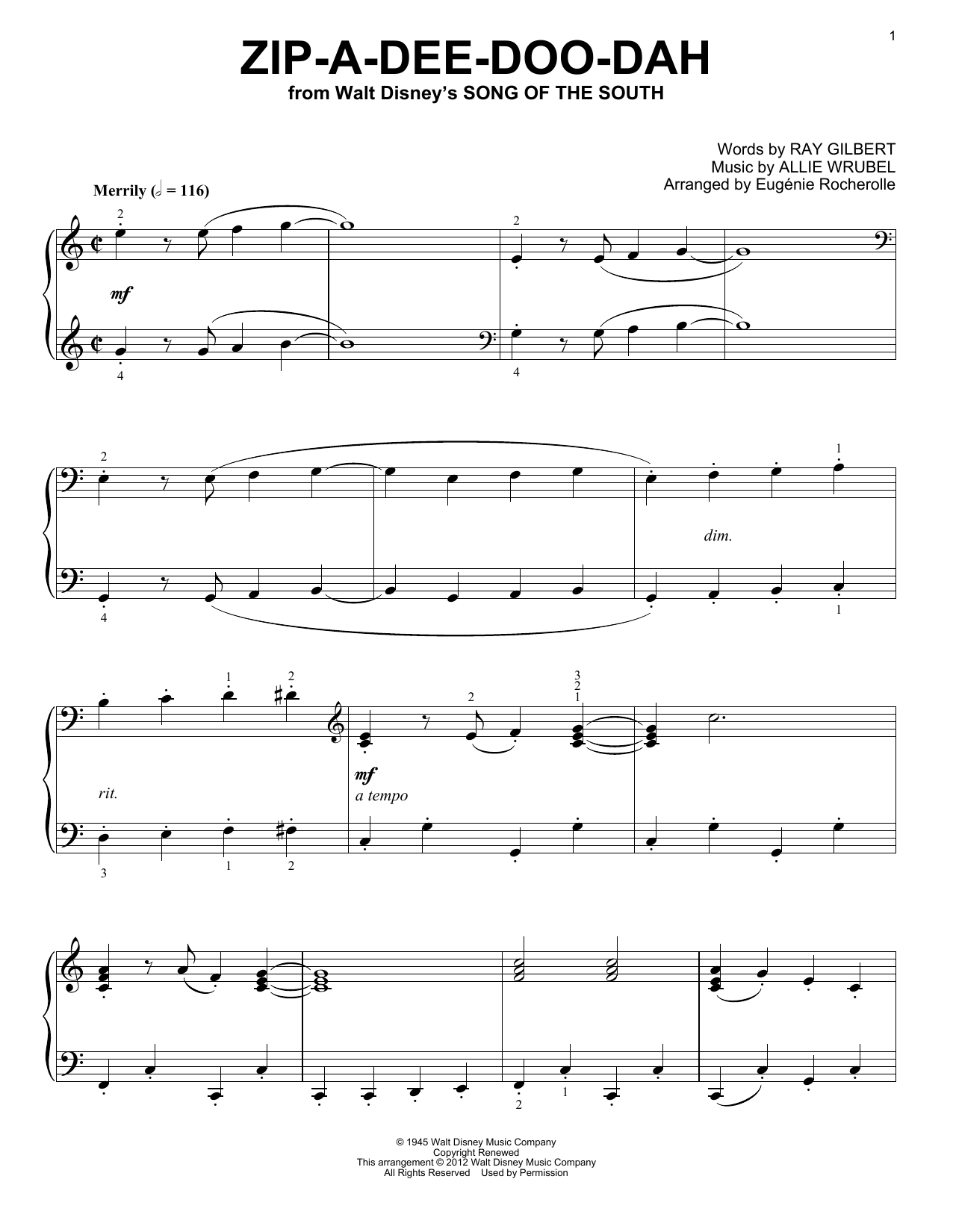 James Baskett Zip-A-Dee-Doo-Dah (from Song Of The South) (arr. Eugenie Rocherolle) sheet music notes and chords arranged for Piano Solo