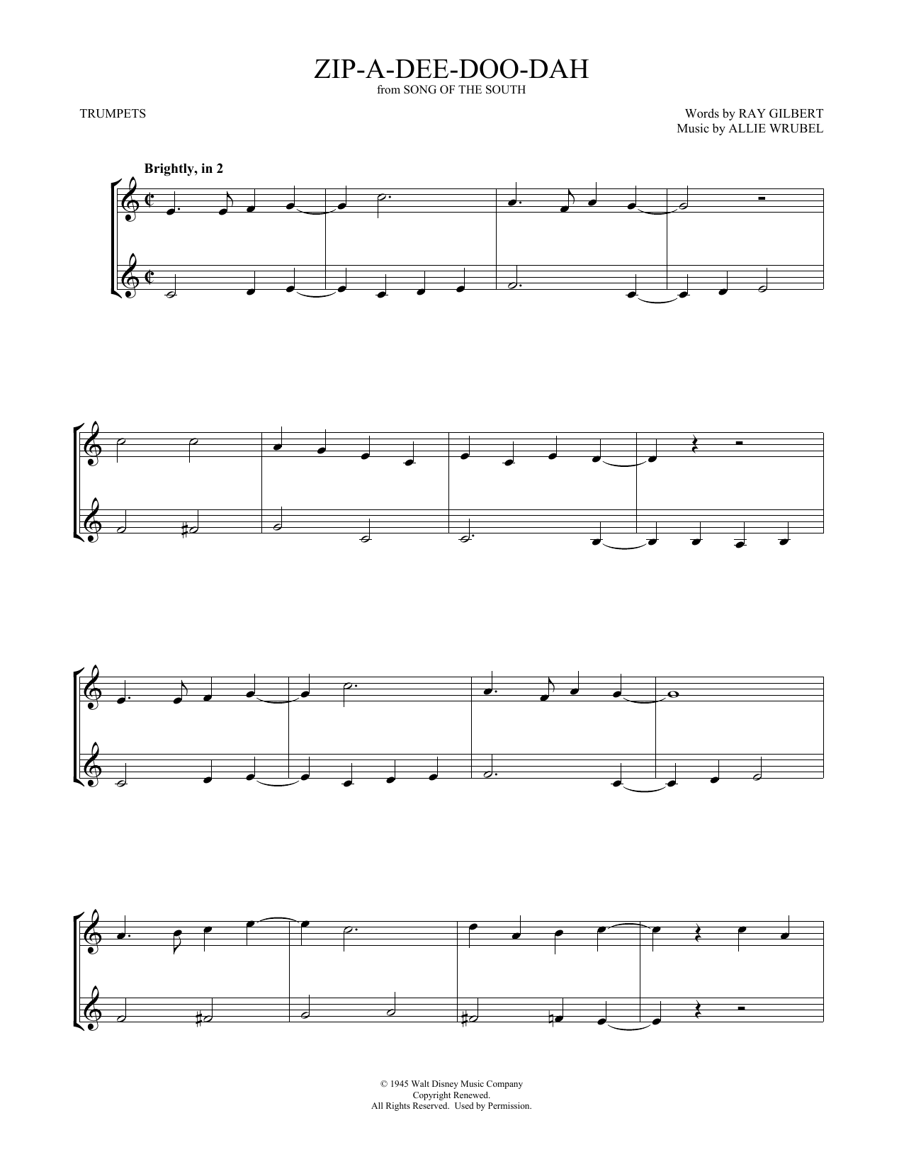 James Baskett Zip-A-Dee-Doo-Dah (from Song Of The South) (arr. Mark Phillips) sheet music notes and chords arranged for Trumpet Duet