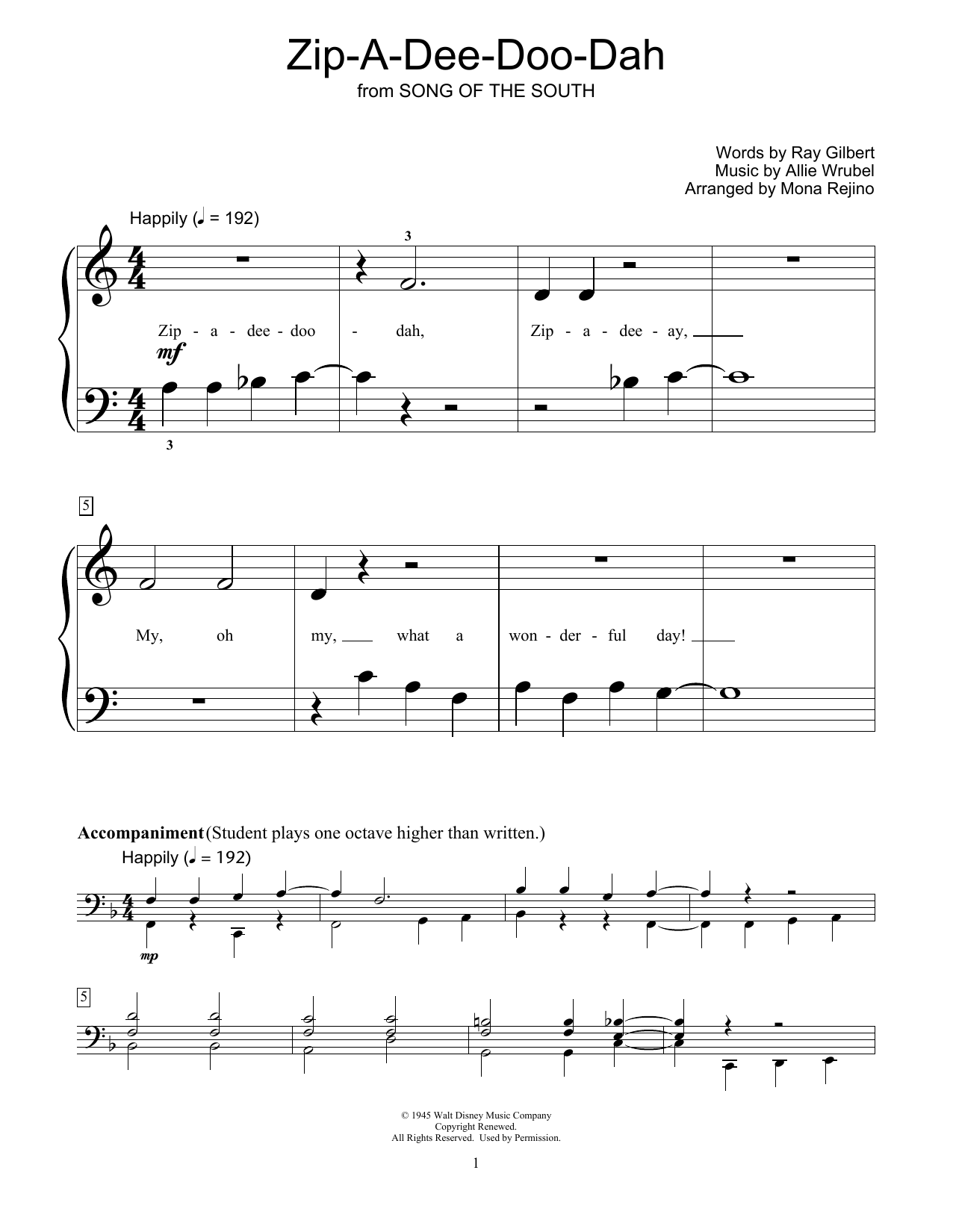 James Baskett Zip-A-Dee-Doo-Dah (from Song Of The South) (arr. Mona Rejino) sheet music notes and chords arranged for Educational Piano