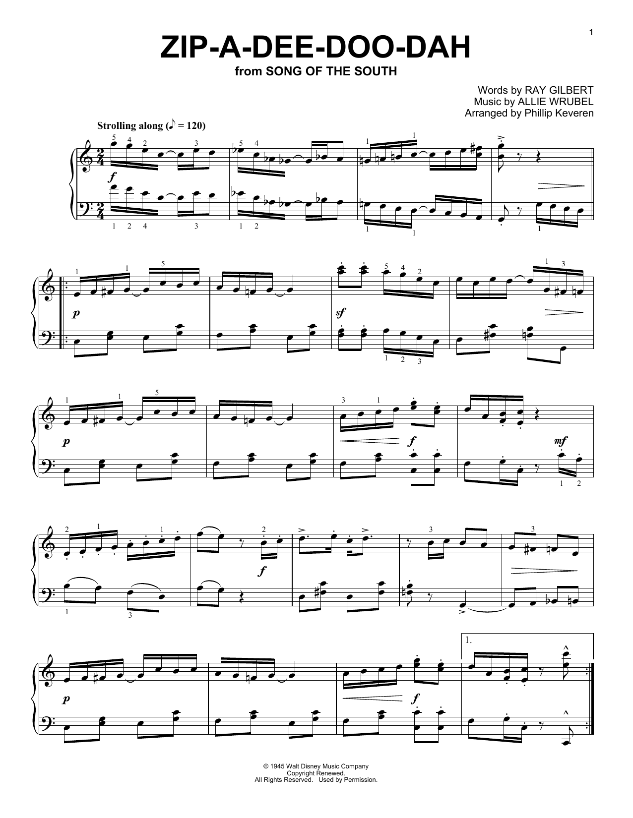 James Baskett Zip-A-Dee-Doo-Dah (from Song Of The South) [Ragtime version] (arr. Phillip Keveren) sheet music notes and chords arranged for Piano Solo
