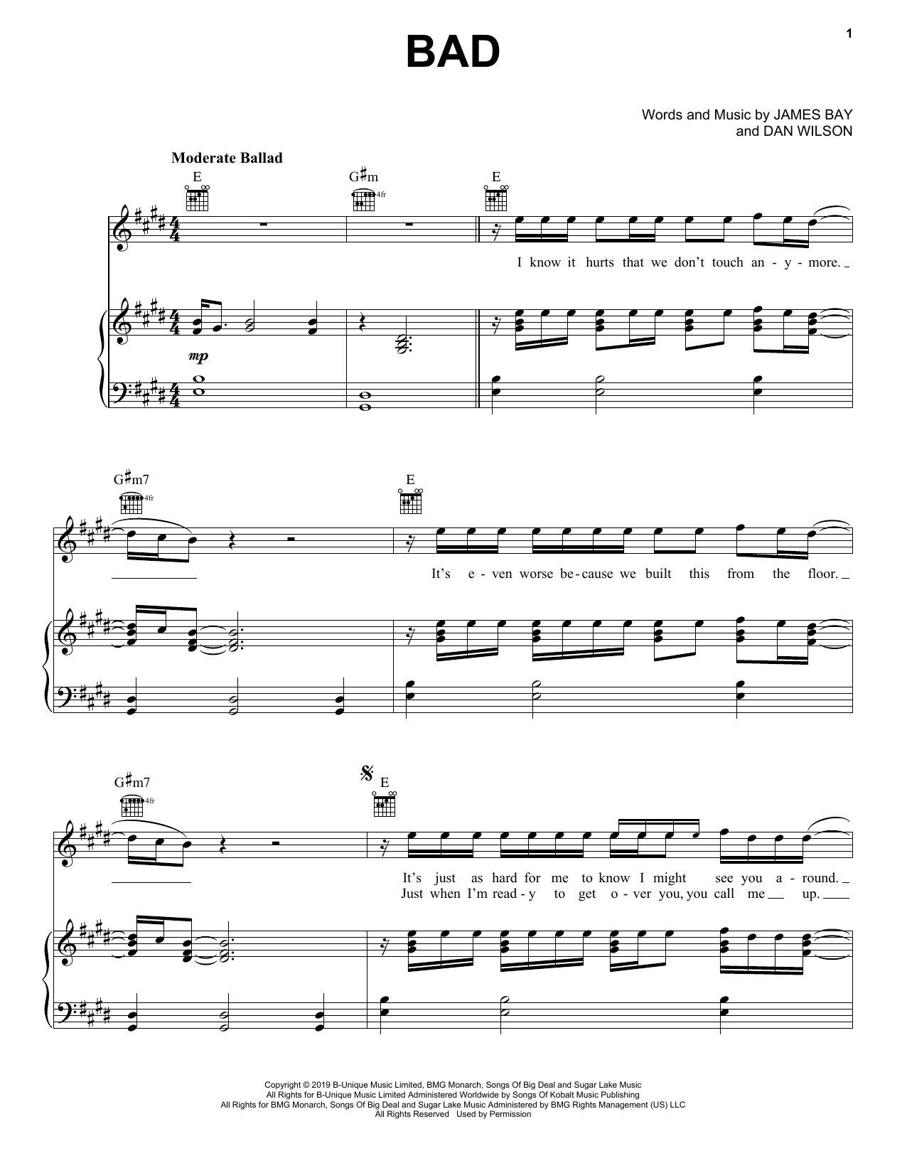 James Bay Bad sheet music notes and chords arranged for Piano, Vocal & Guitar Chords (Right-Hand Melody)