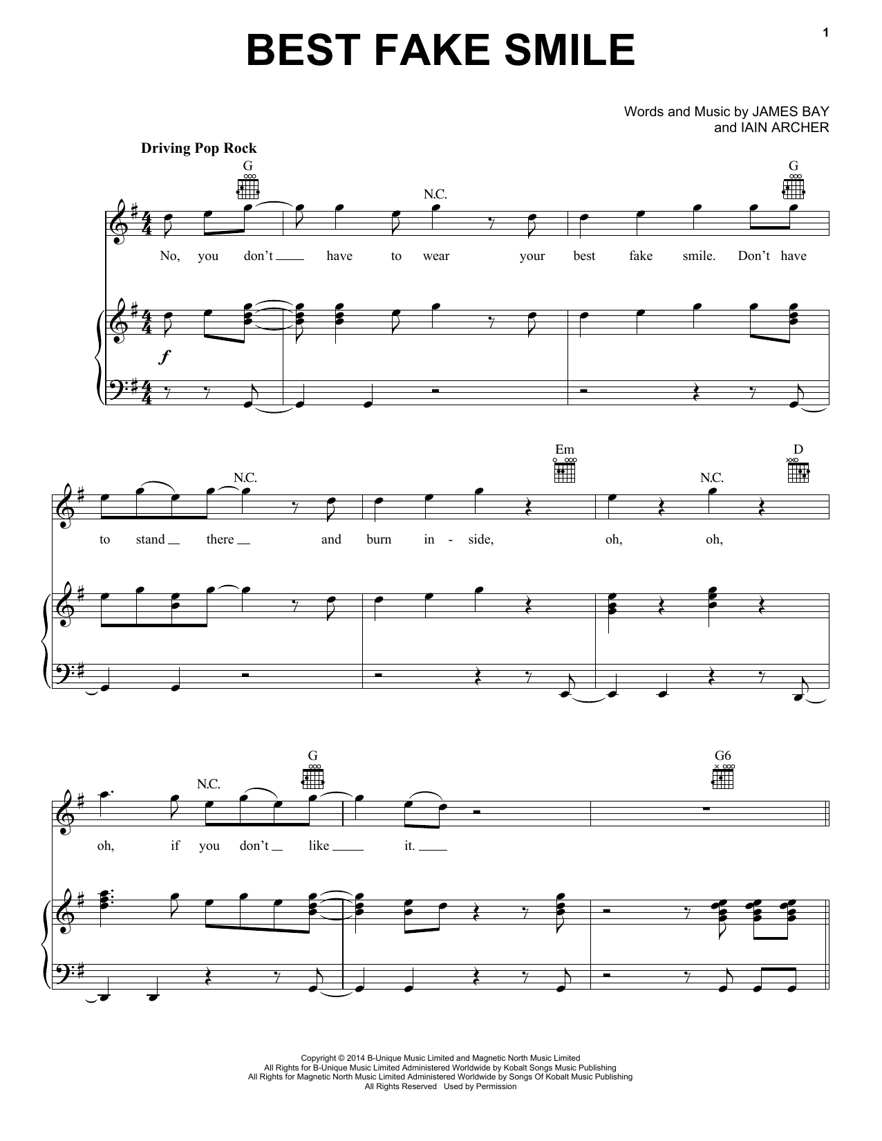 James Bay Best Fake Smile sheet music notes and chords arranged for Piano, Vocal & Guitar Chords (Right-Hand Melody)