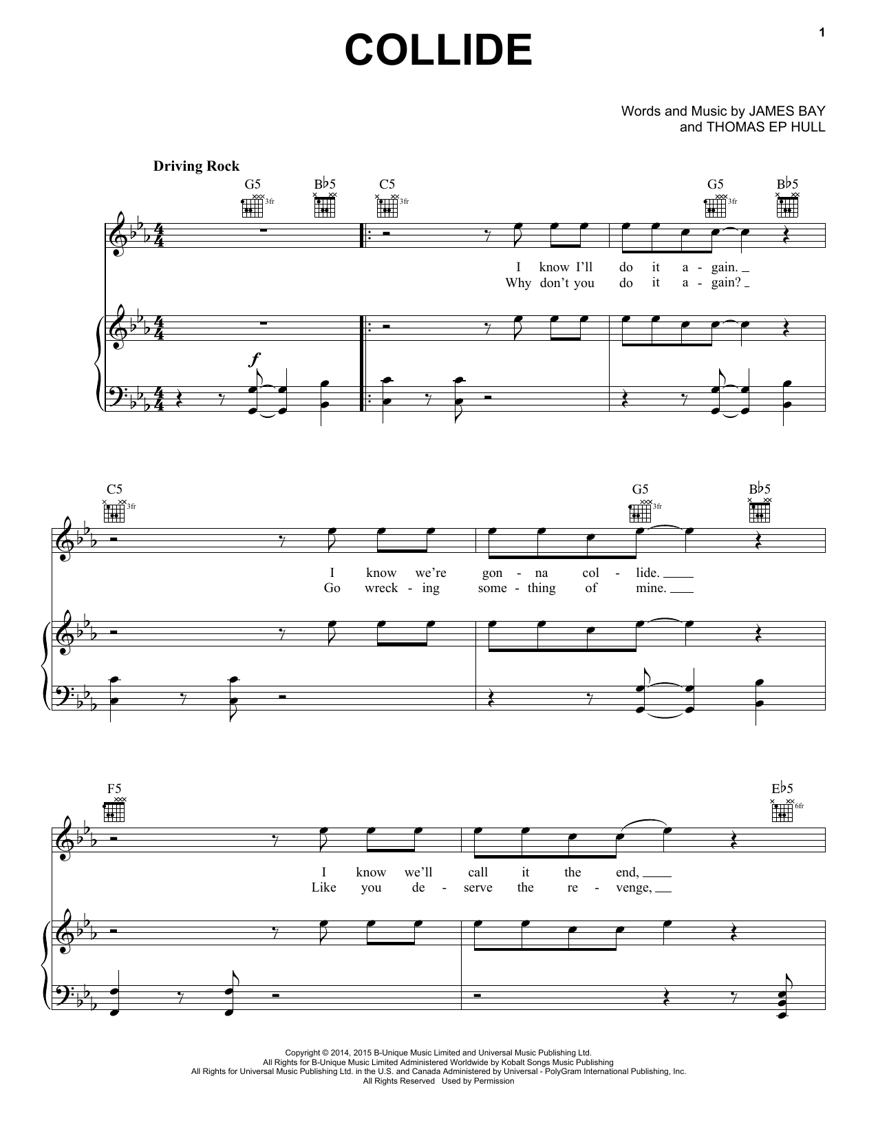 James Bay Collide sheet music notes and chords arranged for Piano, Vocal & Guitar Chords (Right-Hand Melody)