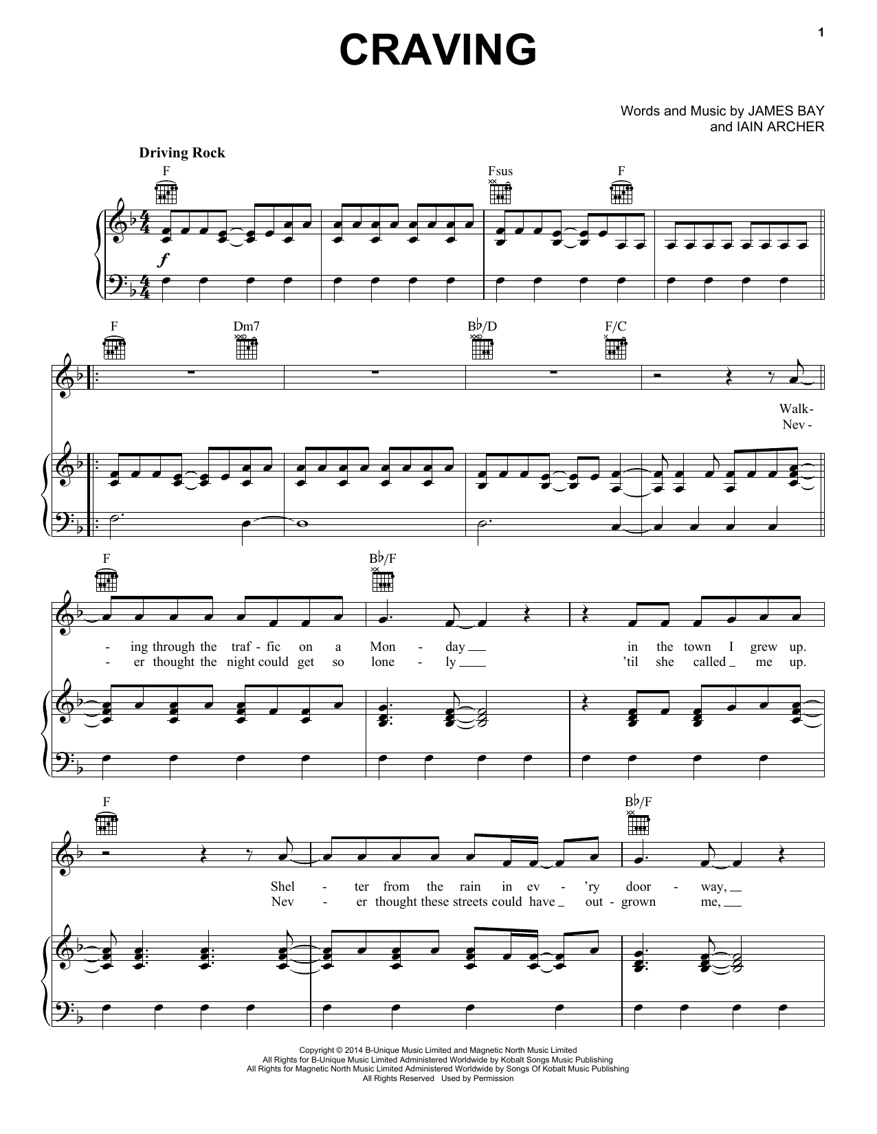 James Bay Craving sheet music notes and chords arranged for Piano, Vocal & Guitar Chords (Right-Hand Melody)
