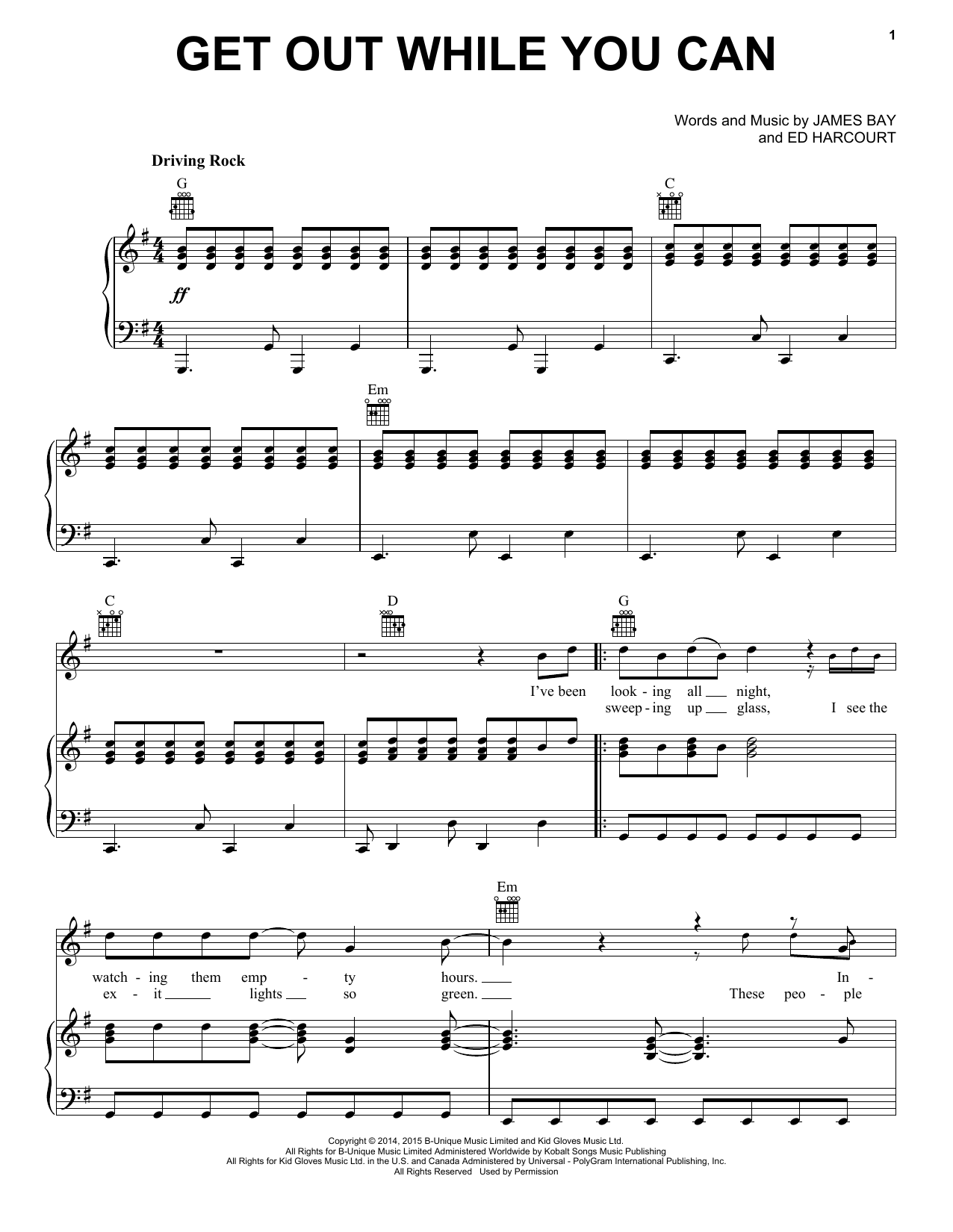 James Bay Get Out While You Can sheet music notes and chords arranged for Piano, Vocal & Guitar Chords (Right-Hand Melody)