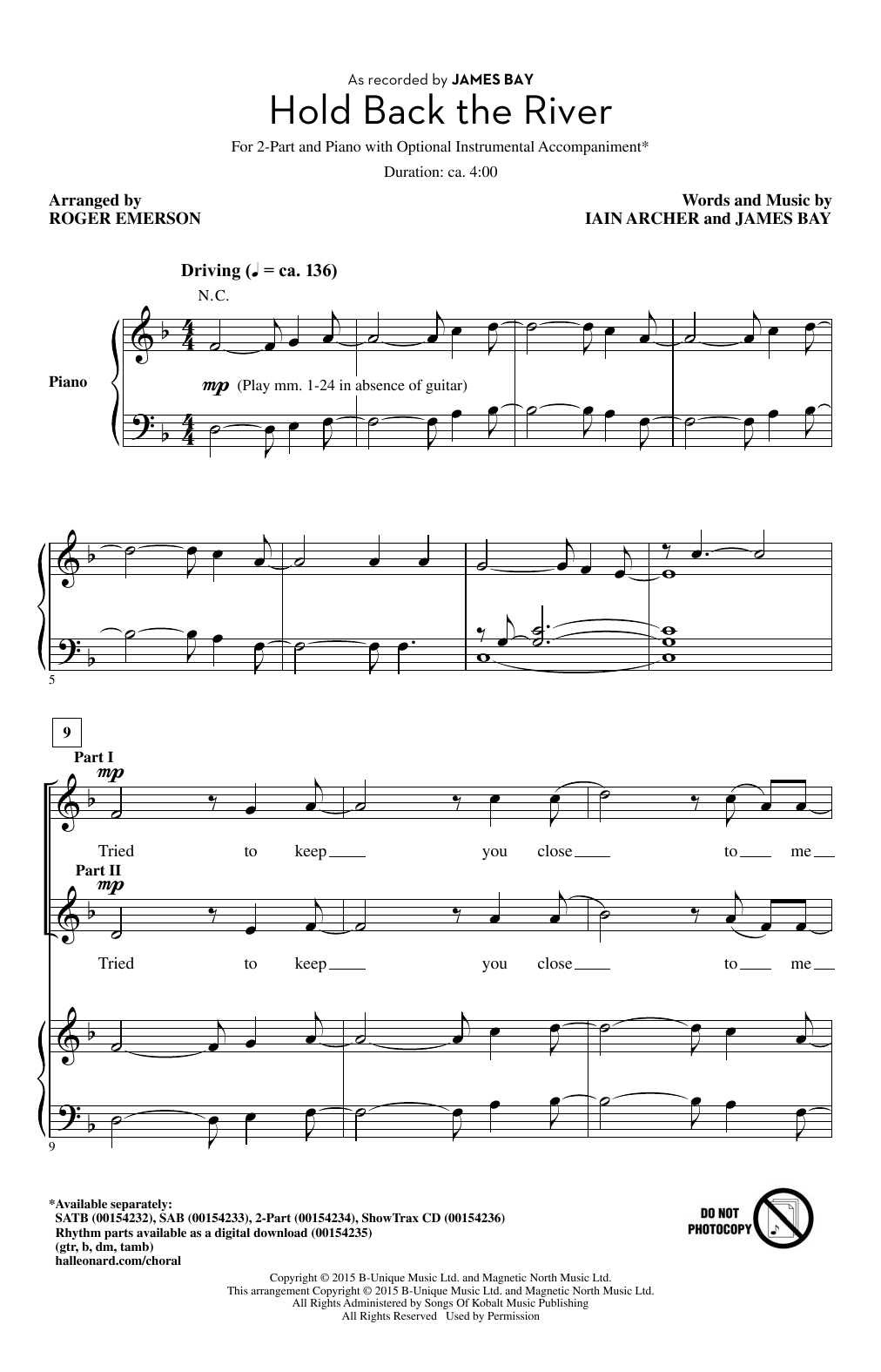 James Bay Hold Back The River (arr. Roger Emerson) sheet music notes and chords arranged for 2-Part Choir
