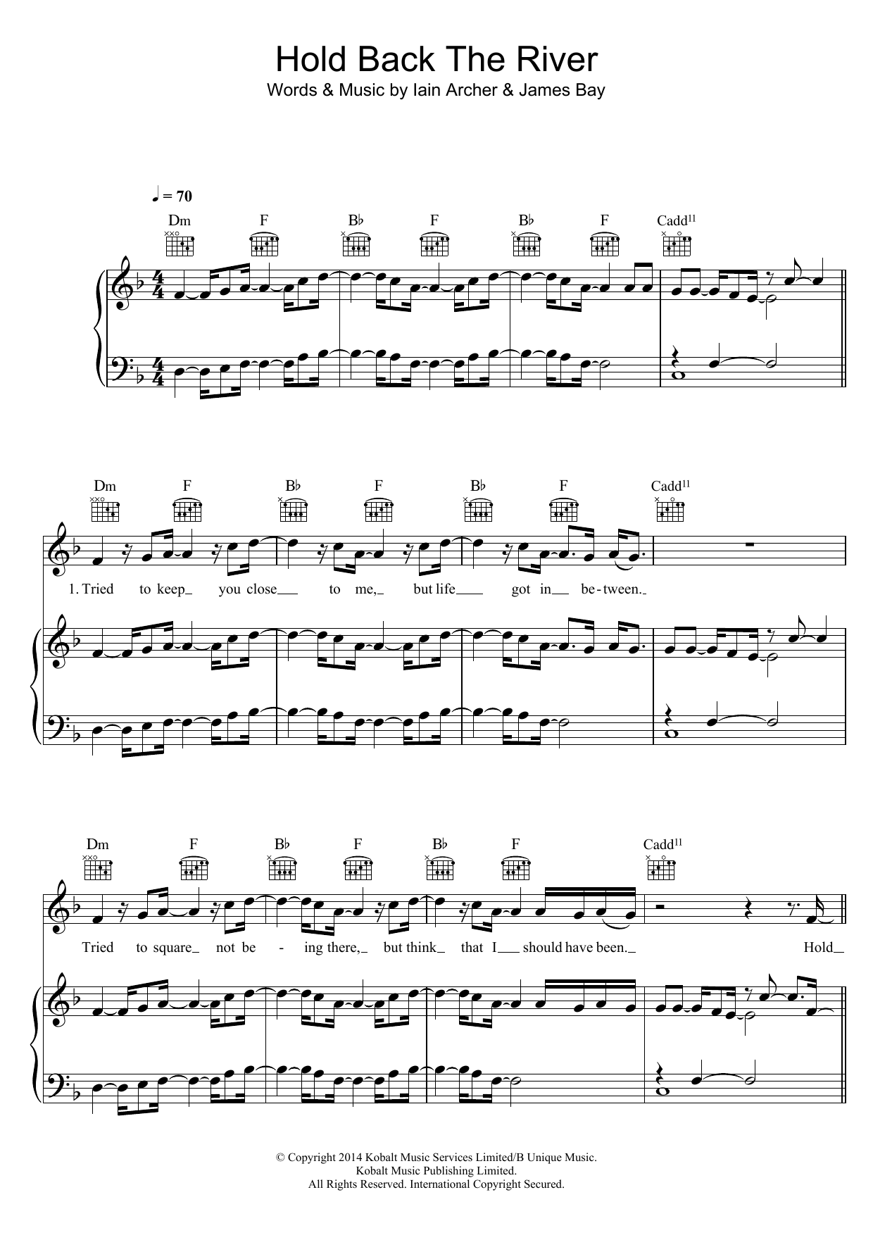 James Bay Hold Back The River sheet music notes and chords arranged for Piano, Vocal & Guitar Chords