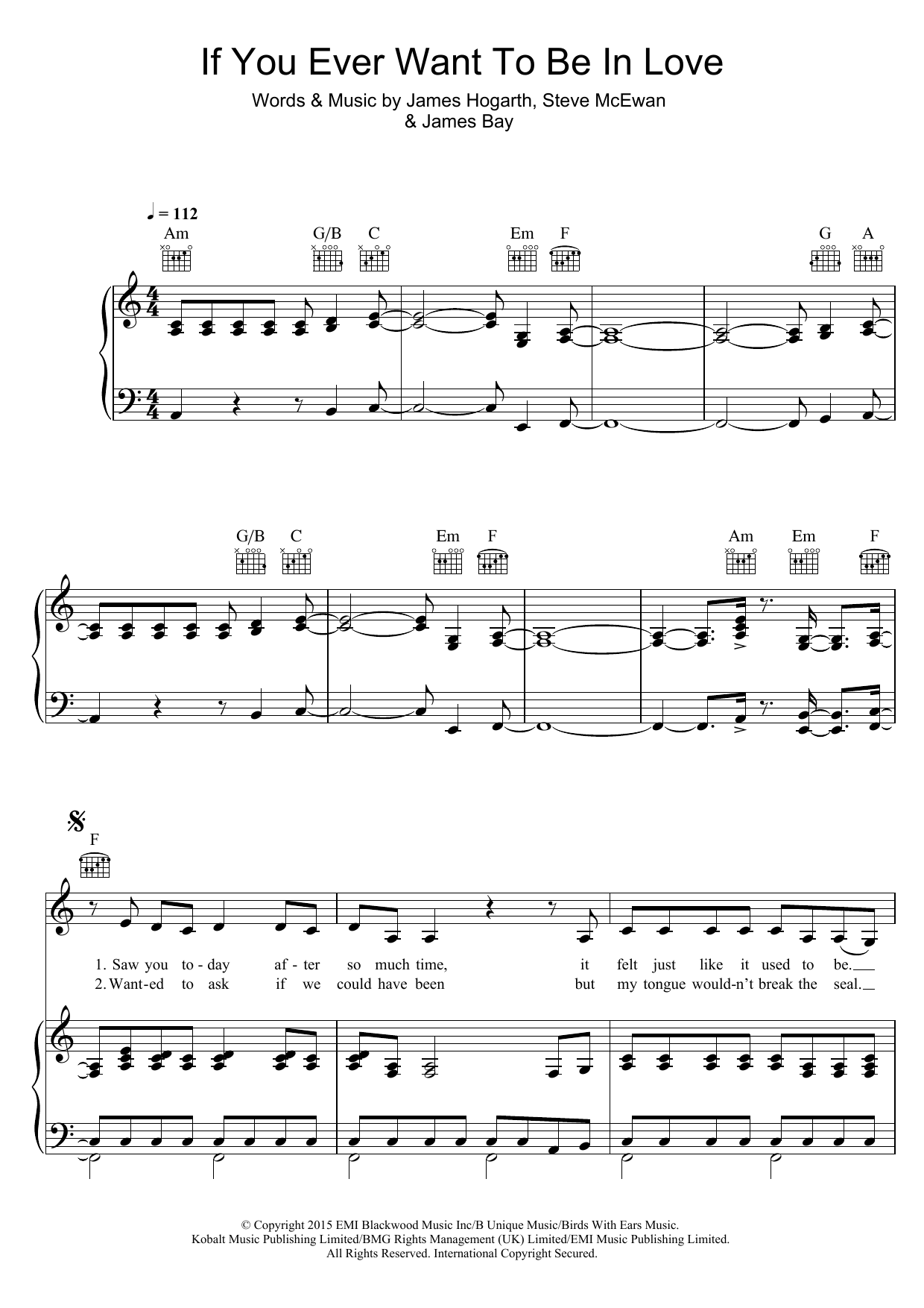 James Bay If You Ever Want To Be In Love sheet music notes and chords arranged for Piano, Vocal & Guitar Chords (Right-Hand Melody)