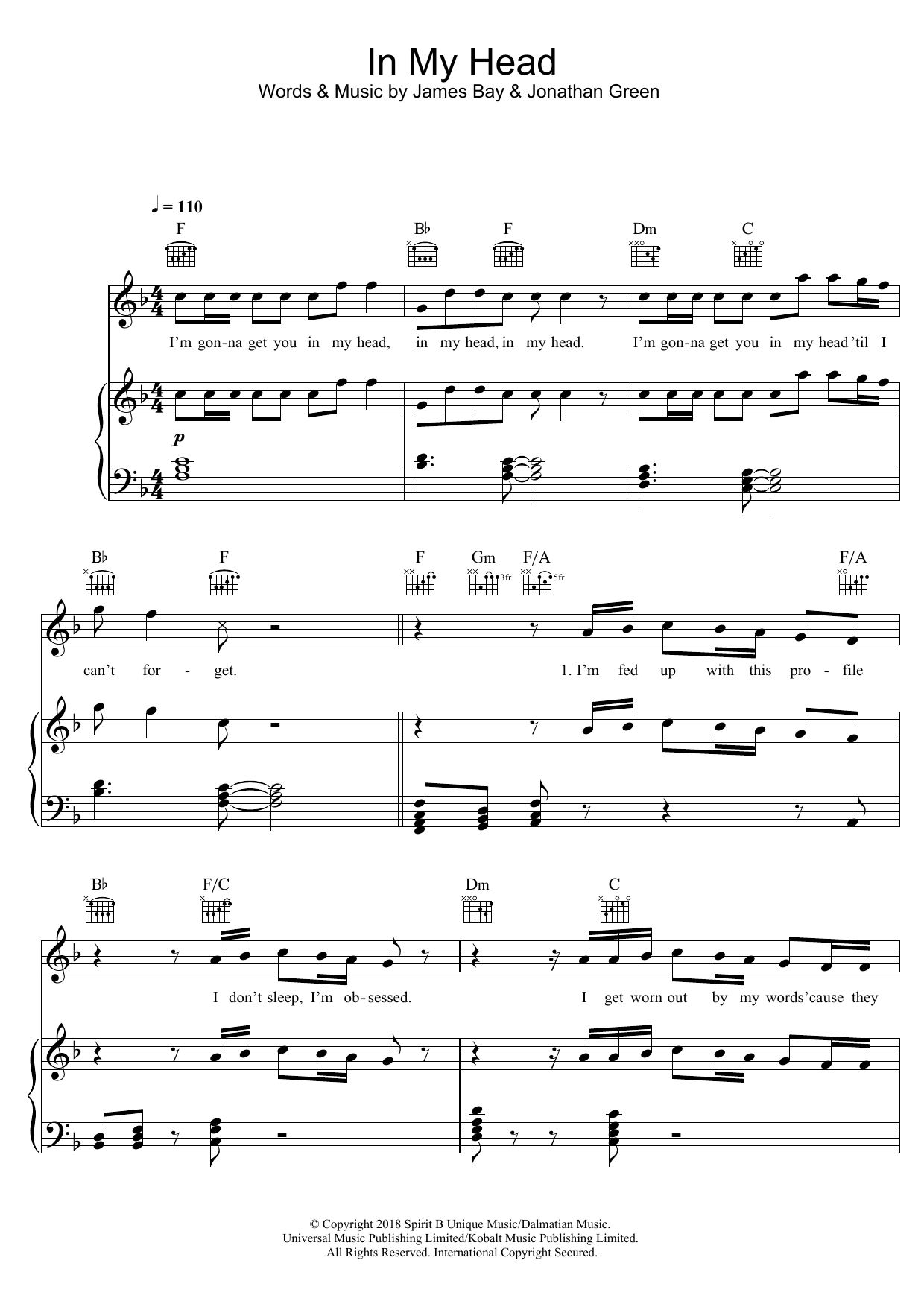 James Bay In My Head sheet music notes and chords arranged for Piano, Vocal & Guitar Chords