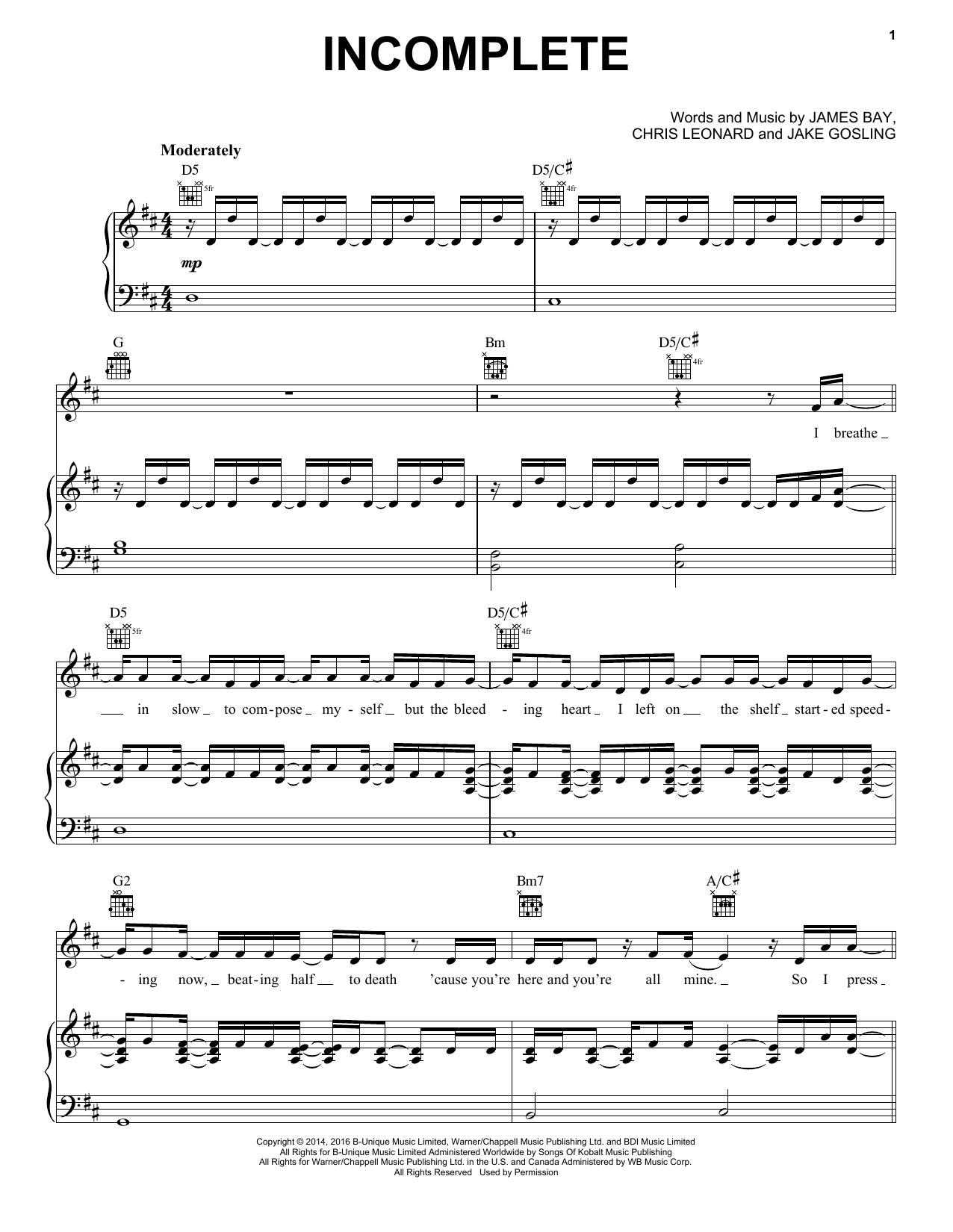 James Bay Incomplete sheet music notes and chords arranged for Piano, Vocal & Guitar Chords (Right-Hand Melody)