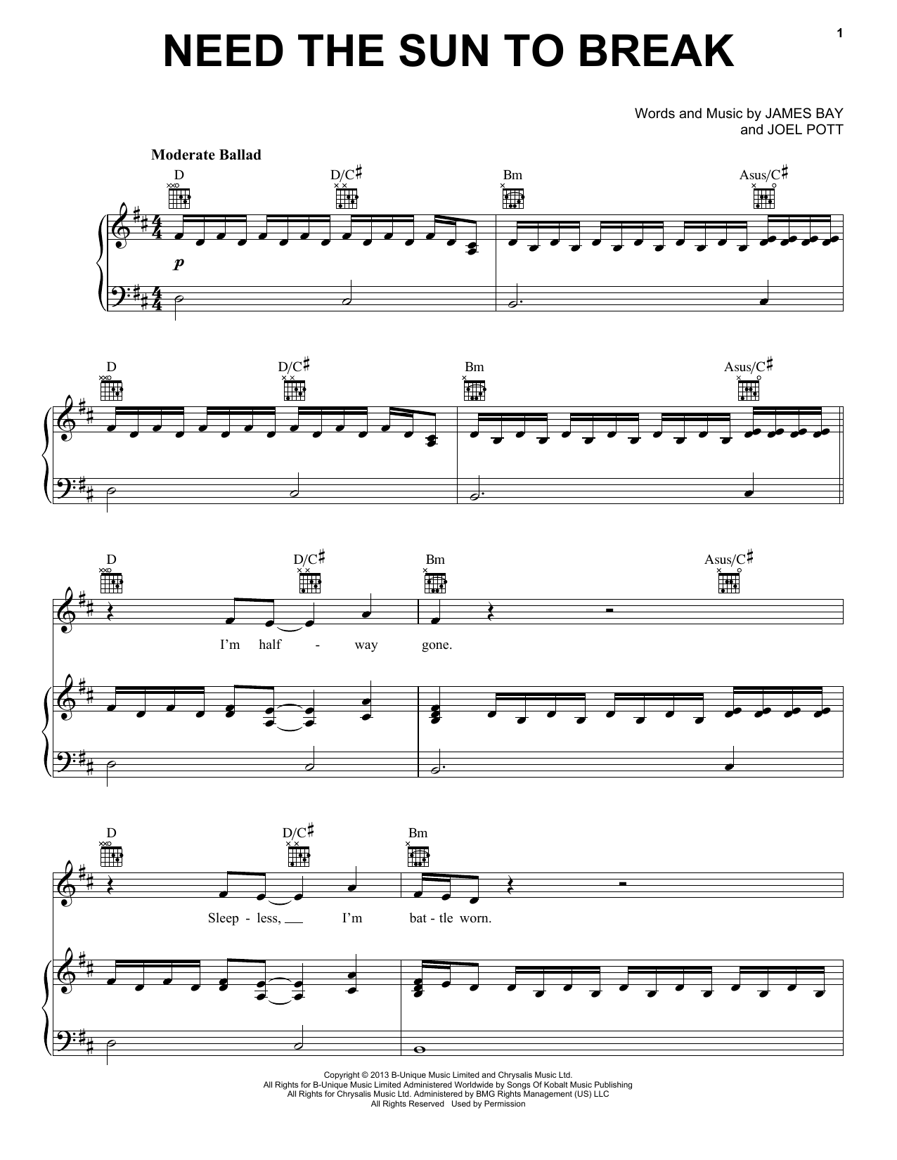 James Bay Need The Sun To Break sheet music notes and chords arranged for Piano, Vocal & Guitar Chords (Right-Hand Melody)