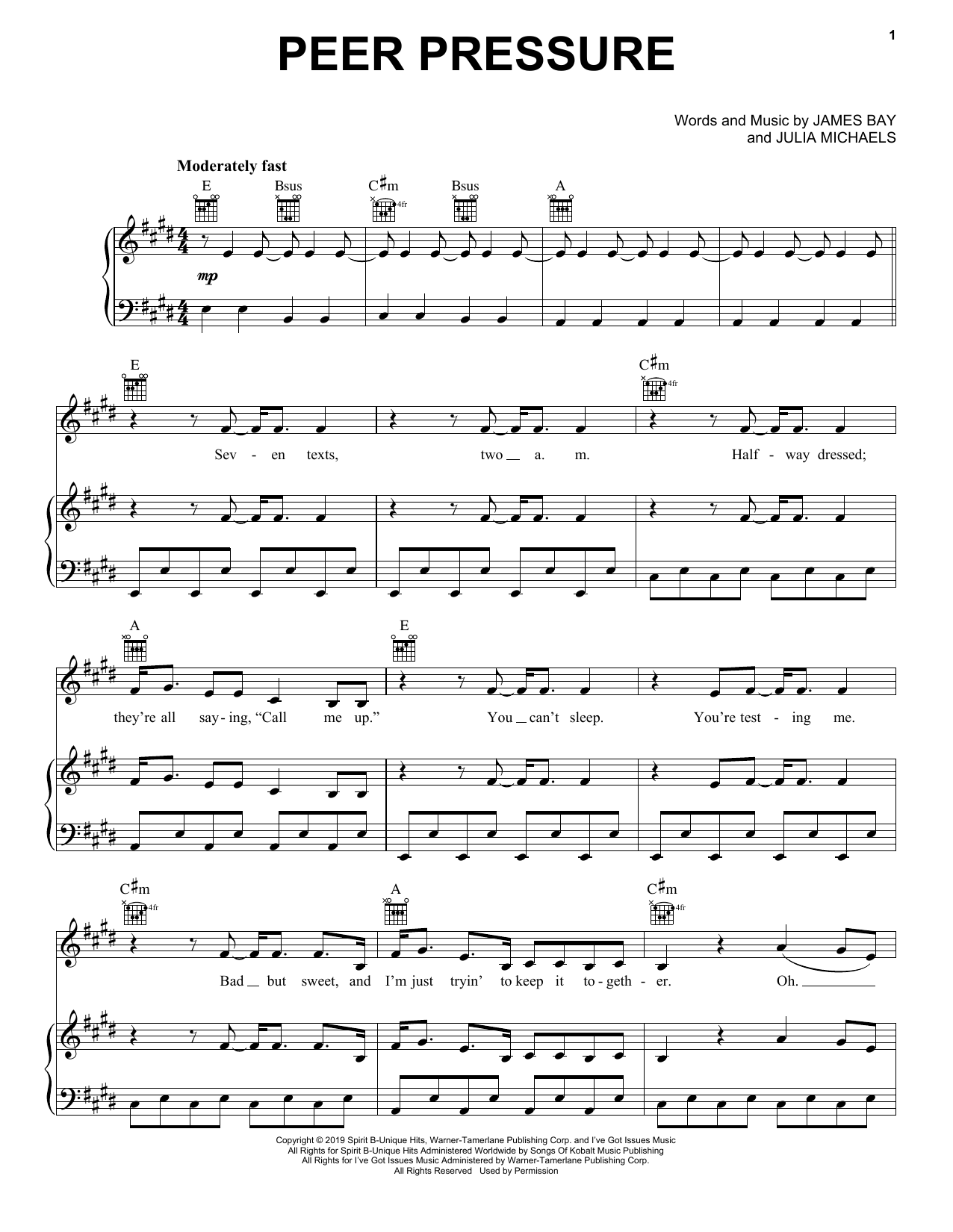 James Bay Peer Pressure (feat. Julia Michaels) sheet music notes and chords arranged for Piano, Vocal & Guitar Chords (Right-Hand Melody)