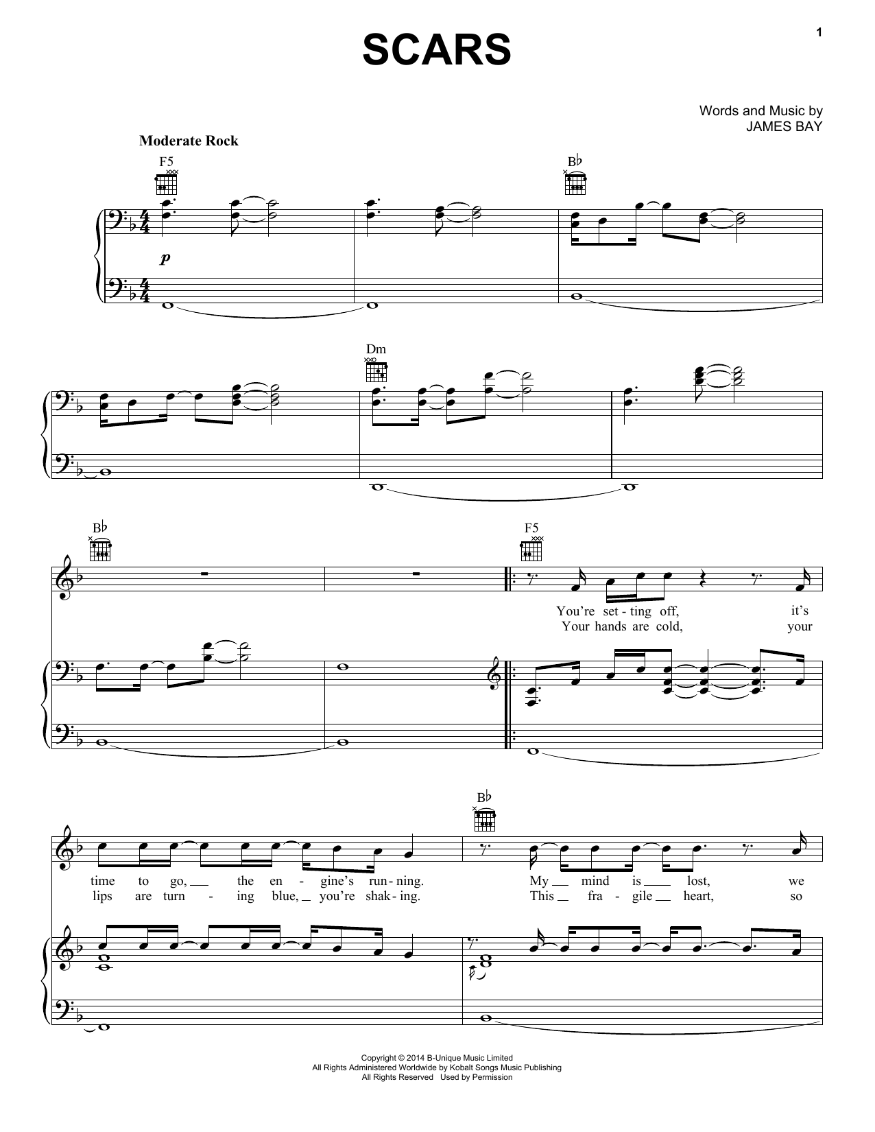 James Bay Scars sheet music notes and chords arranged for Piano, Vocal & Guitar Chords (Right-Hand Melody)