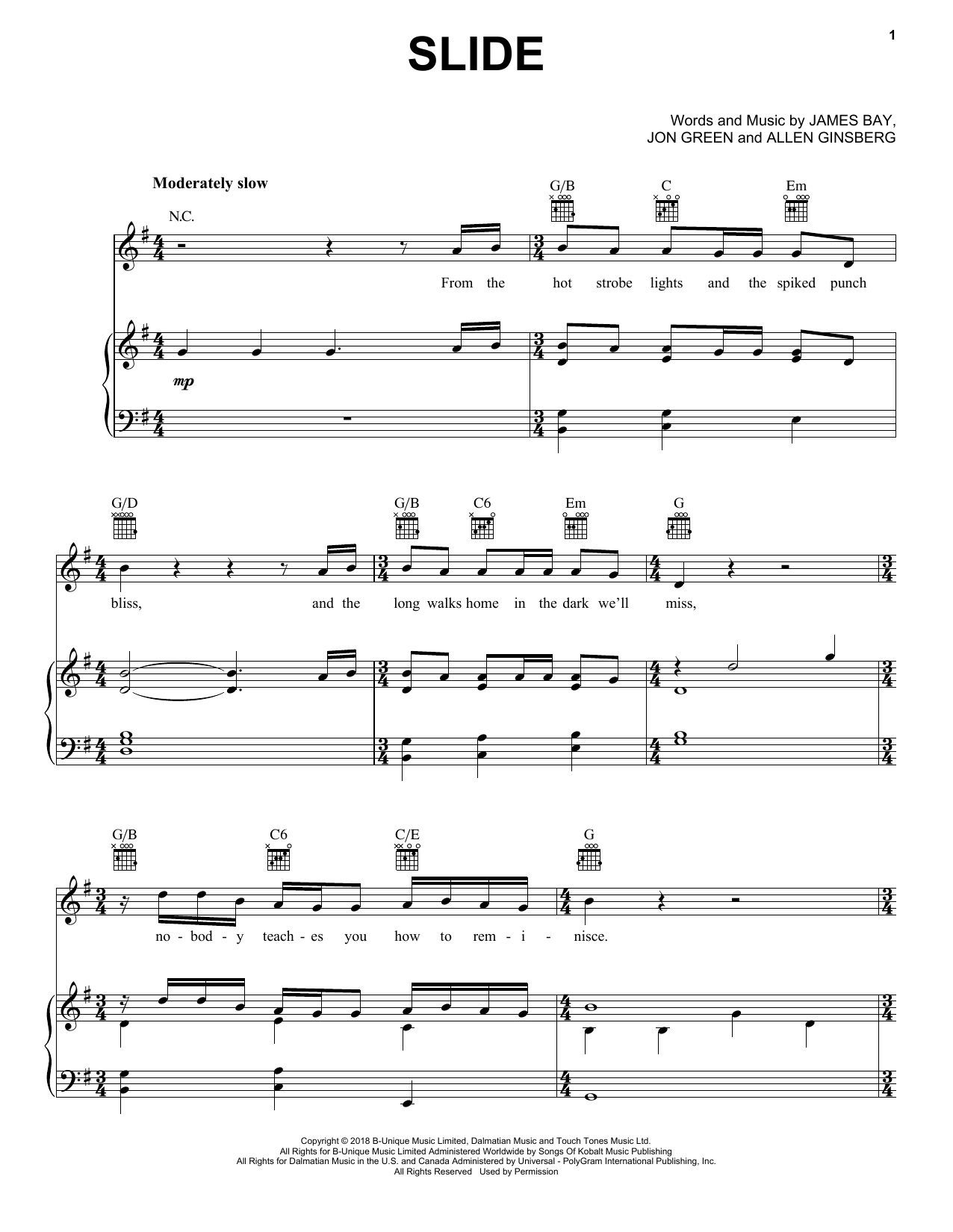 James Bay Slide sheet music notes and chords arranged for Piano, Vocal & Guitar Chords (Right-Hand Melody)
