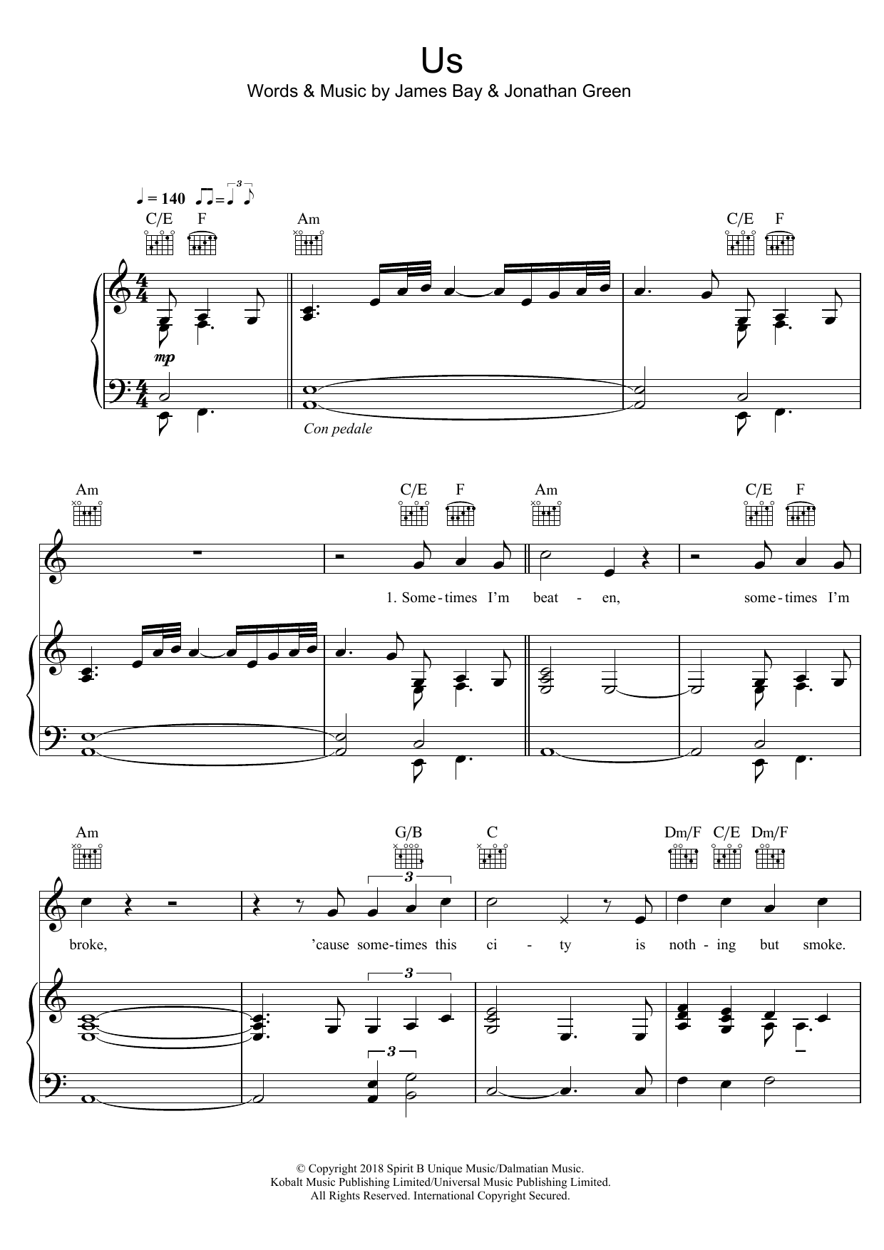 James Bay Us sheet music notes and chords arranged for Piano, Vocal & Guitar Chords