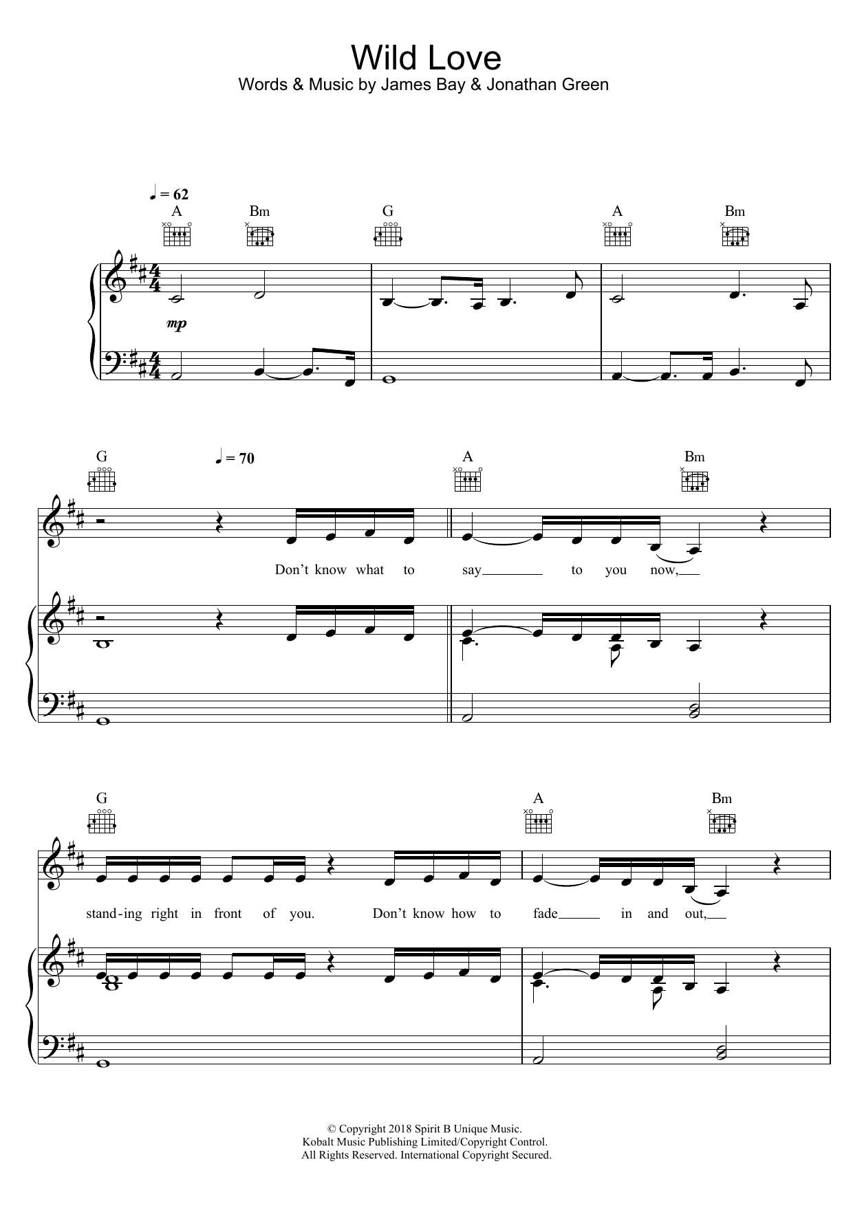 James Bay Wild Love sheet music notes and chords arranged for Piano, Vocal & Guitar Chords (Right-Hand Melody)