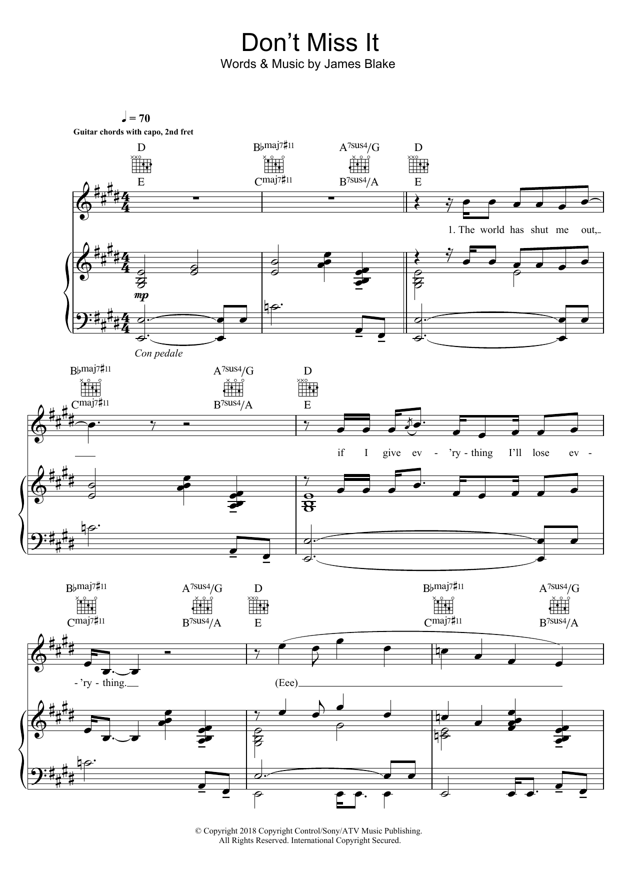 James Blake Don't Miss It sheet music notes and chords arranged for Piano, Vocal & Guitar Chords