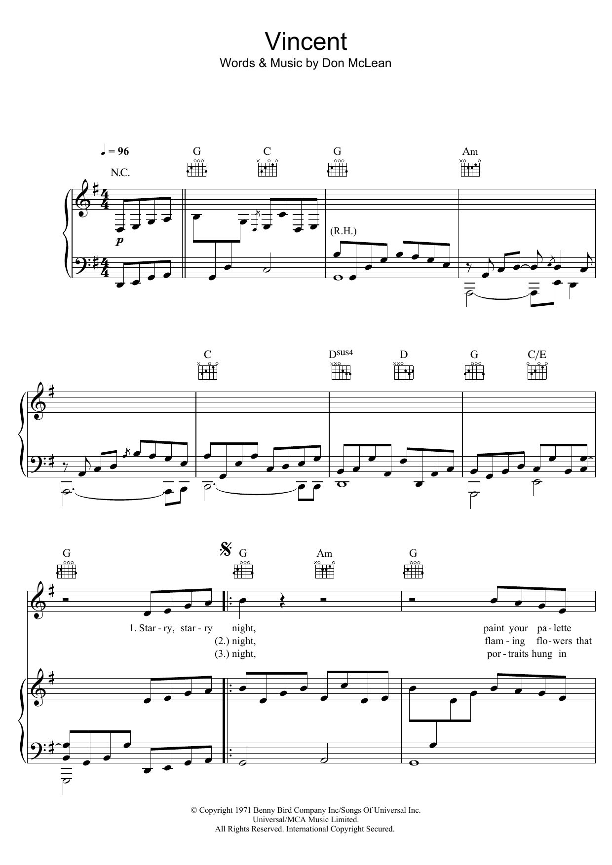 James Blake Vincent (Starry Starry Night) sheet music notes and chords arranged for Piano, Vocal & Guitar Chords
