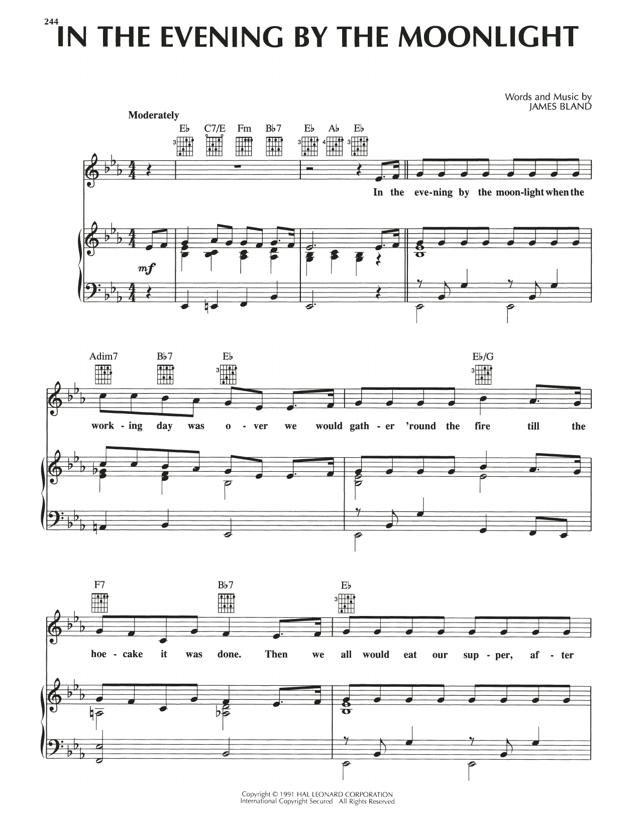 James Bland In The Evening By The Moonlight sheet music notes and chords arranged for Piano, Vocal & Guitar Chords (Right-Hand Melody)