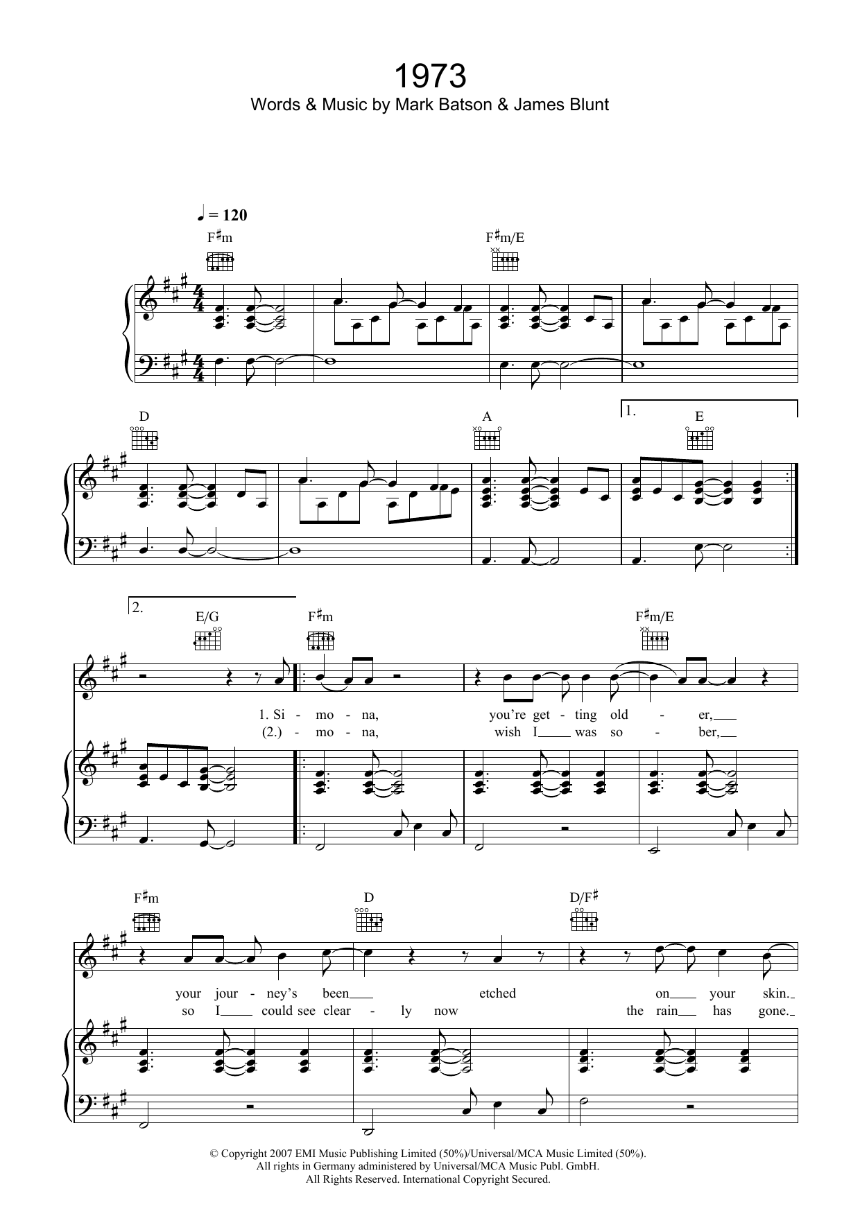 James Blunt 1973 sheet music notes and chords arranged for Piano, Vocal & Guitar Chords (Right-Hand Melody)