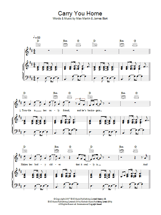 James Blunt Carry You Home sheet music notes and chords arranged for Piano, Vocal & Guitar Chords