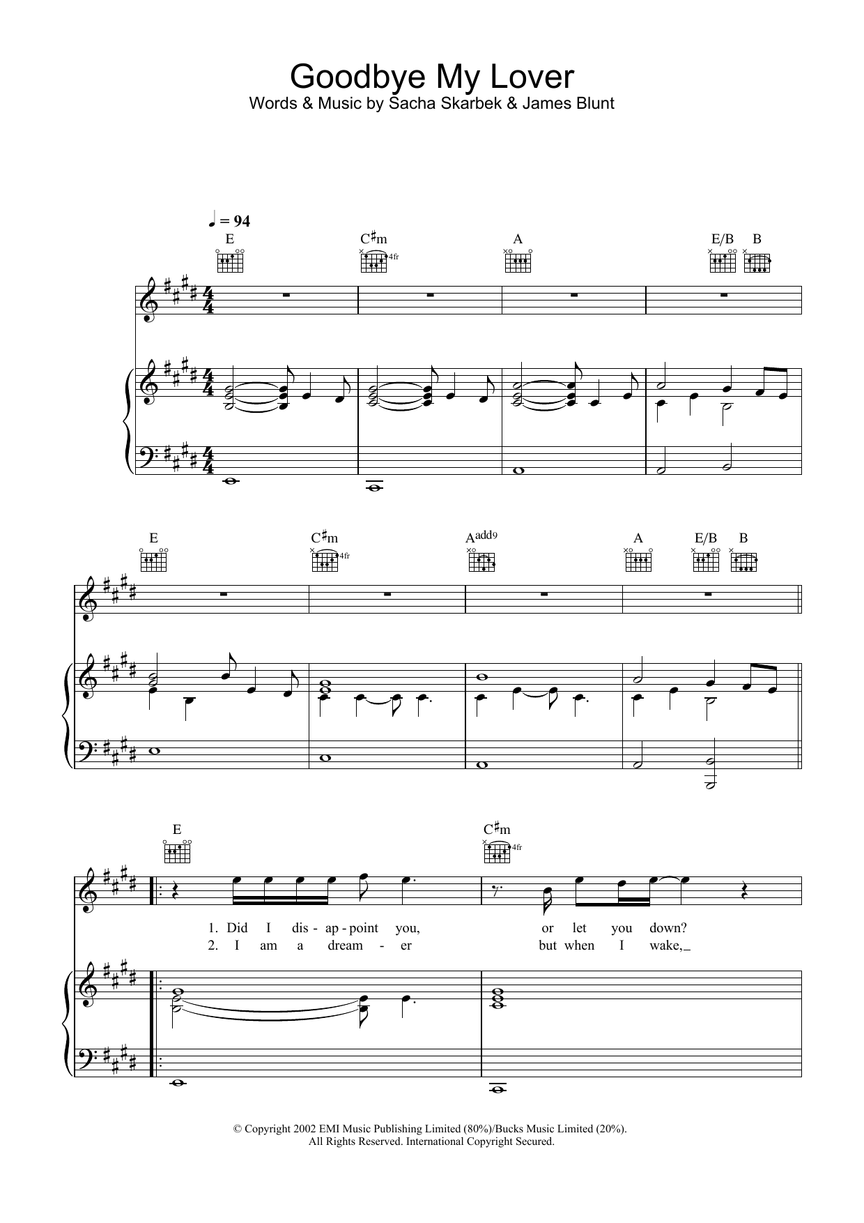 James Blunt Goodbye My Lover sheet music notes and chords arranged for Lead Sheet / Fake Book