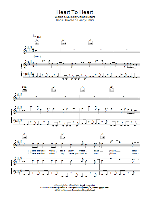James Blunt Heart To Heart sheet music notes and chords arranged for Piano, Vocal & Guitar Chords