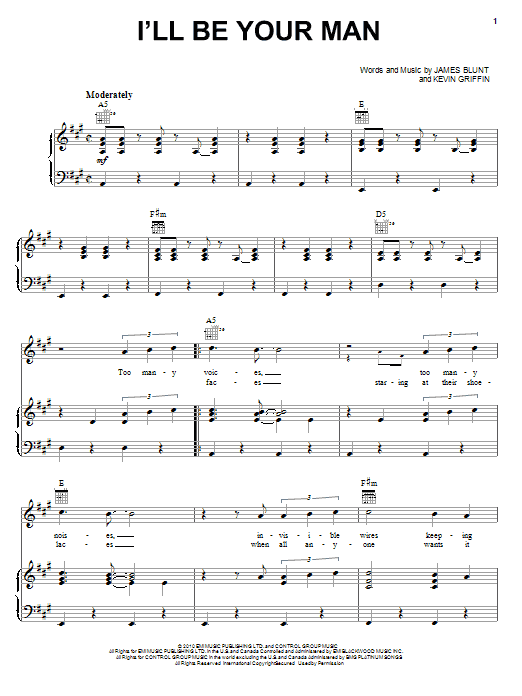 James Blunt I'll Be Your Man sheet music notes and chords arranged for Piano, Vocal & Guitar Chords (Right-Hand Melody)