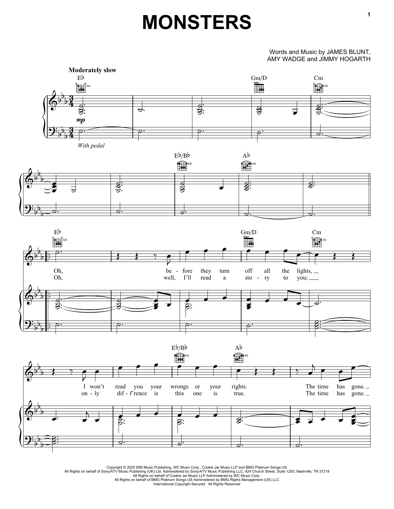 James Blunt Monsters sheet music notes and chords arranged for Piano, Vocal & Guitar Chords (Right-Hand Melody)