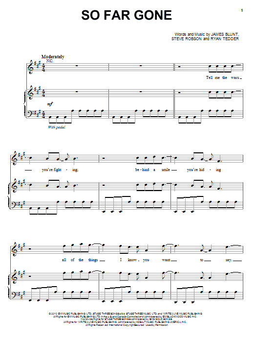 James Blunt So Far Gone sheet music notes and chords arranged for Piano, Vocal & Guitar Chords