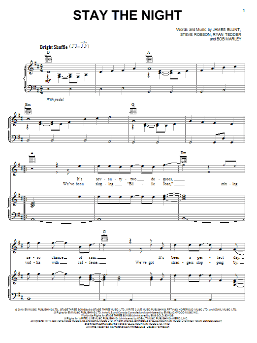 James Blunt Stay The Night sheet music notes and chords arranged for Piano, Vocal & Guitar Chords (Right-Hand Melody)